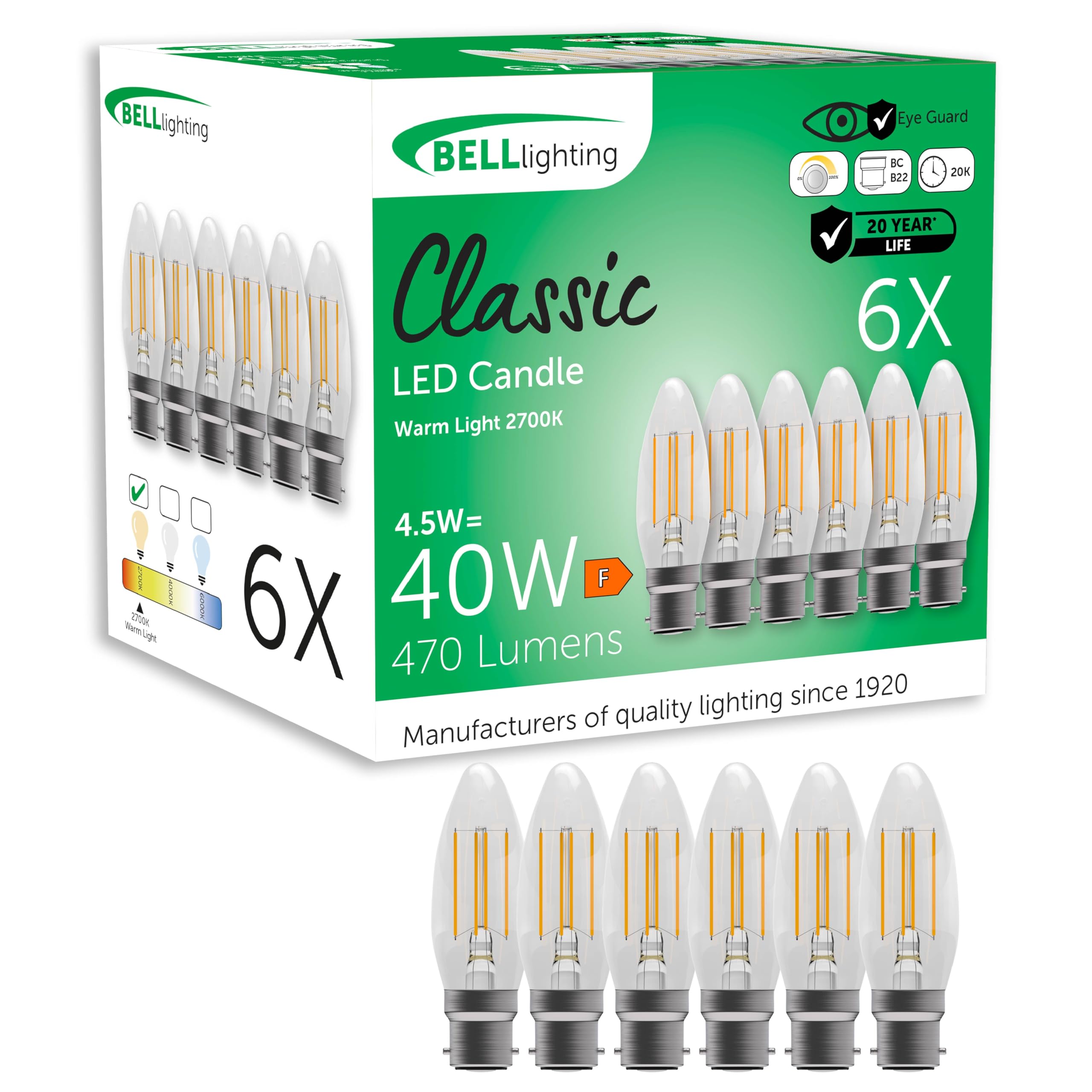 BELL Lighting B22 Bayonet Filament Dimmable Light Bulb LED Candle 6 Pack, Warm White - 2700k