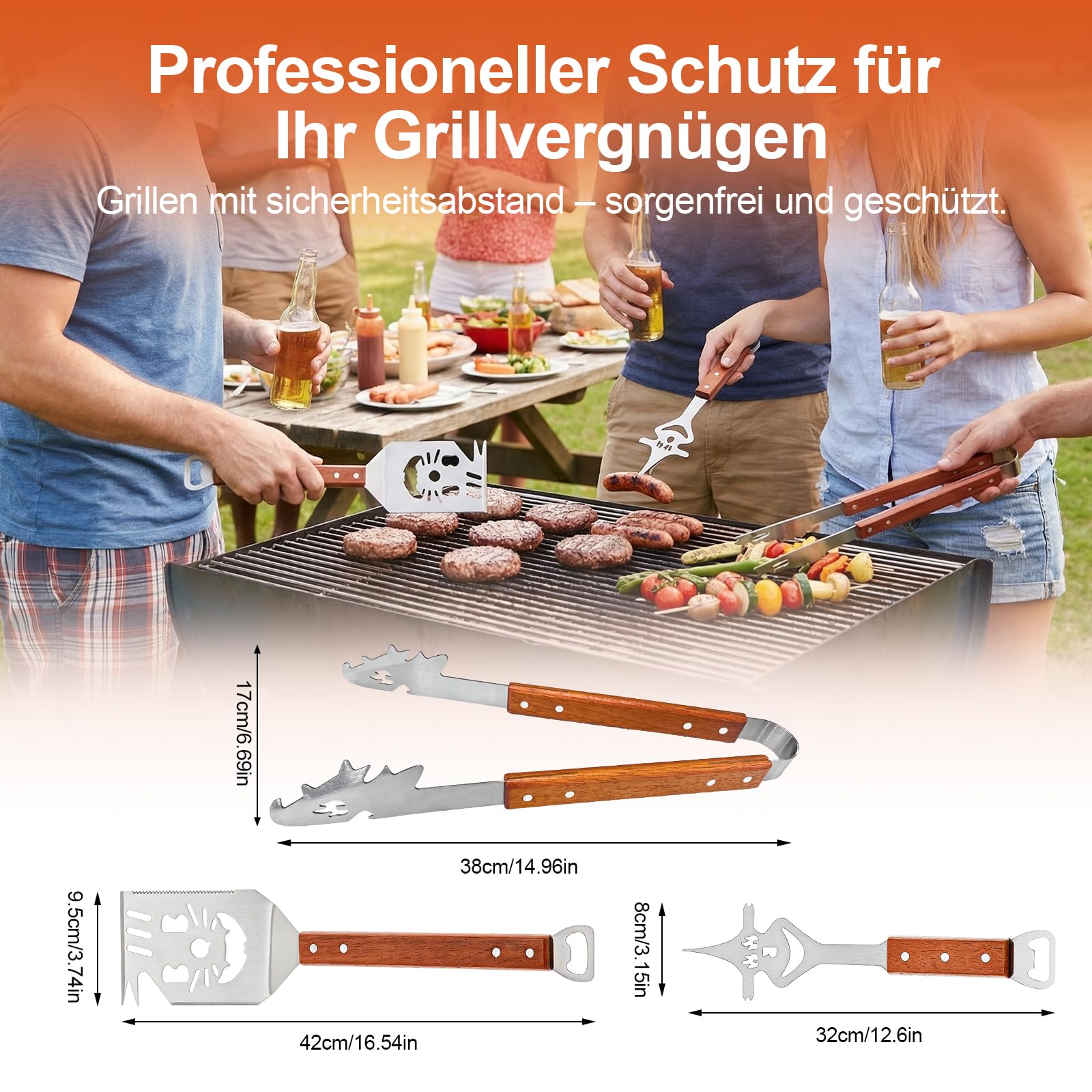 Grillbesteck Set 3-TLG, 8 in 1 BBQ Grillspachtel mit Holzgriff, EdelstahI, 42 * 9.5cm Einzigartige Grillwerkzeuge, Multifunktionales Grill Zubehör, Professional Grill Geschenke für männer