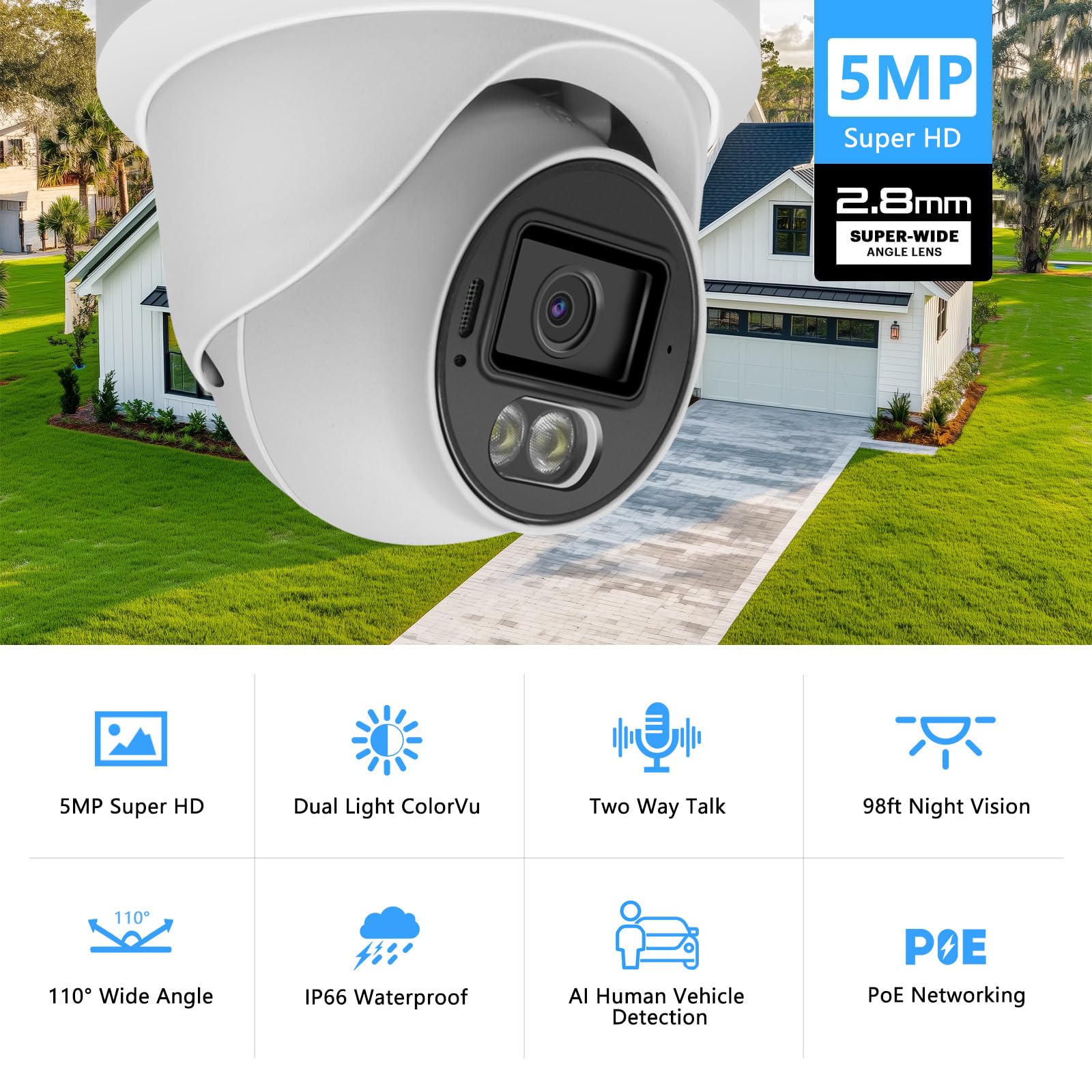 Vonnsion 5MP PoE IP-Turret Dome-Kamera für den Außenbereich, Vollfarb-Sicherheits-IP-Kamera mit intelligentem Dual-Licht, Zwei-Wege-Talk, SD-Kartensteckplatz, 29,9 m Nachtsicht, 110 ° Weitwinkel