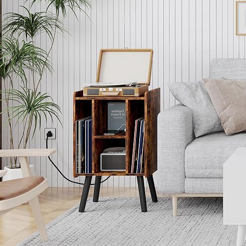 Miniatura 7 de Yusong Soporte para tocadiscos con estación de carga, mesa auxiliar Mid-Century Nightsand con armario de almacenamiento de discos de vinilo para