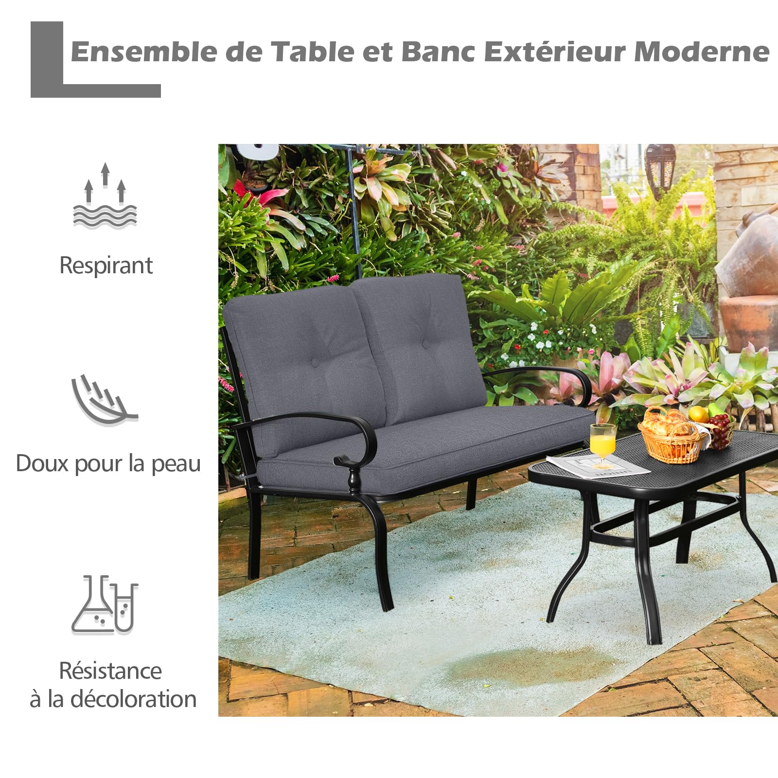 GOPLUS Salon de Jardin 2 Personnes, Canapé Extérieur 2 Places avec Table Basse,Coussins Doux,2 Pcs Ensemble de Meubles de Jardin pour Jardin,Balcon,Terrasse