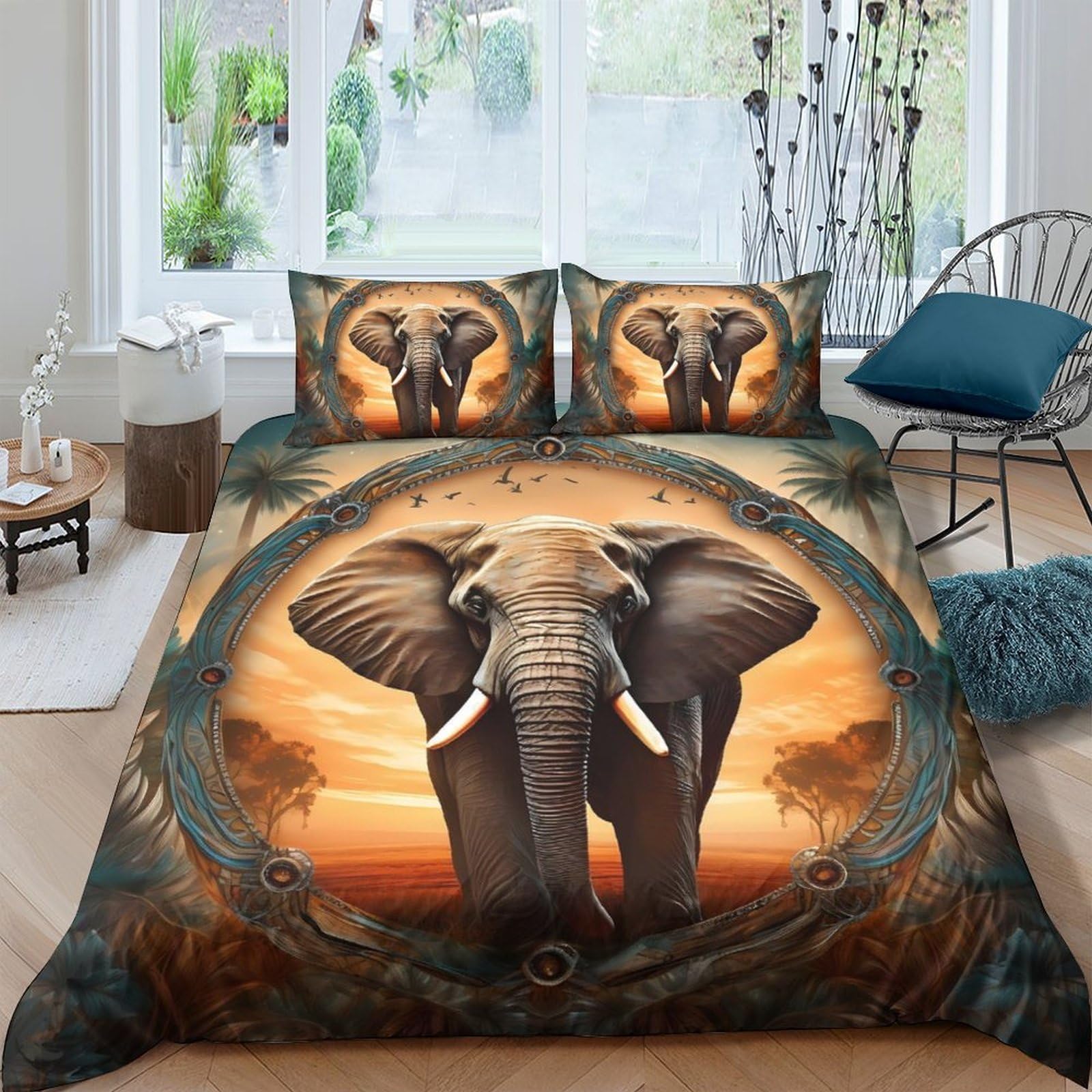 Ctjqhvkz Style-2 3D Printed Sunset Elephant Fitted Sheet Microfiber Soft Breathable African Wildlife Mattress Cover For Bedroom Home Decor Single（135X200cm）