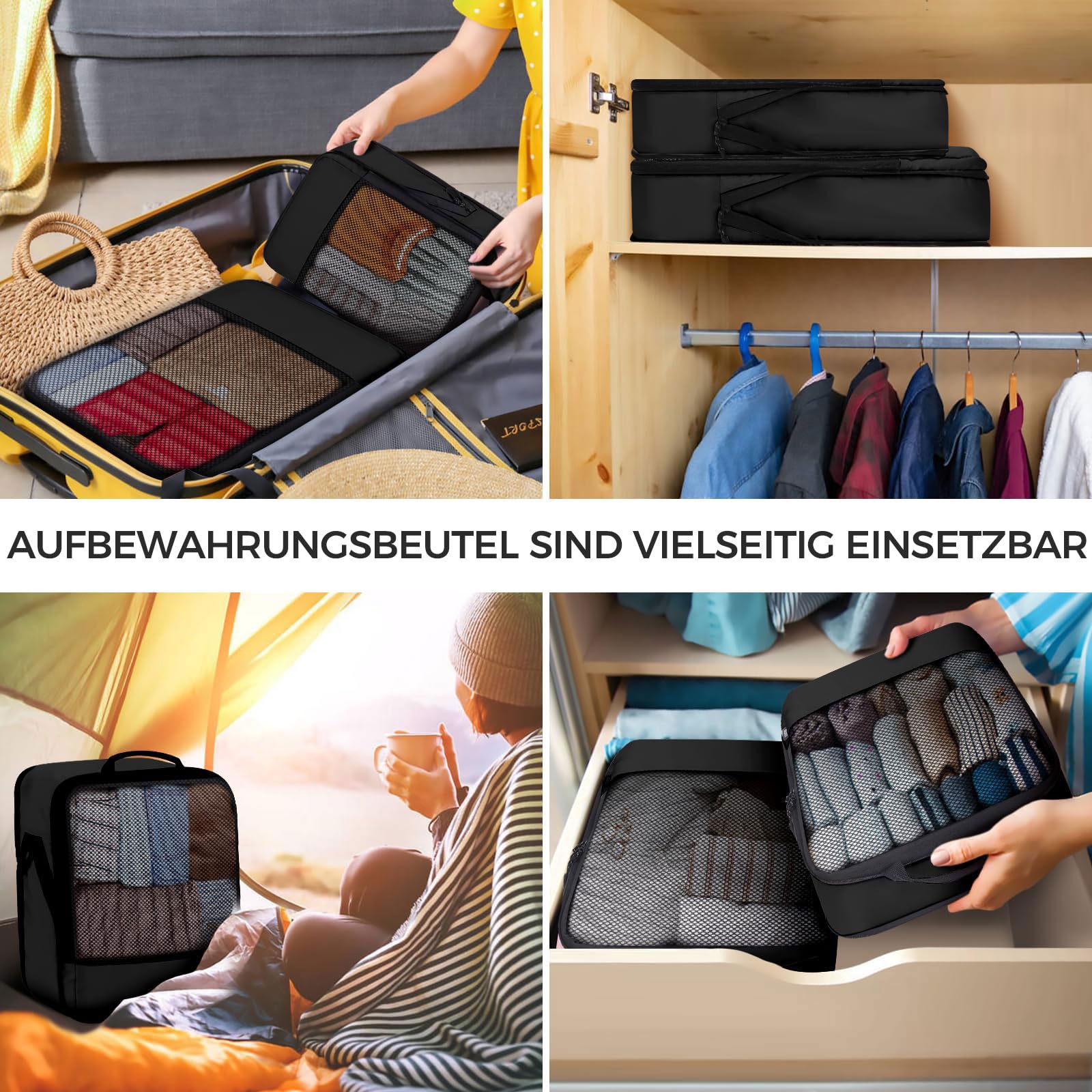 BAGLHER Packwürfel Kompression für die Reise - Extrem platzsparender Koffer-Organizer-Set, wasserdichte Packtaschen, Schwarz