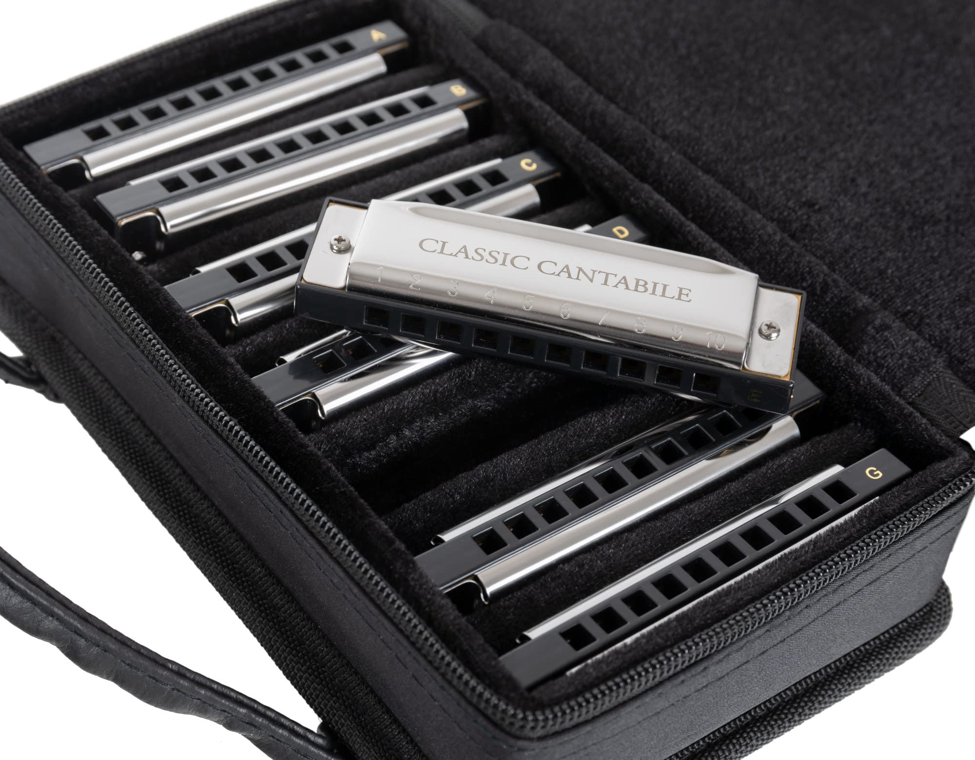 Classic Cantabile AHBS-7 Alabama Blues Harmonica Set de 7, Afinaciones: C | 7 armónicas diatónicas, B (H), Placas especiales para el típico sonido de armónica blues, Material de la caja: acero cromado
