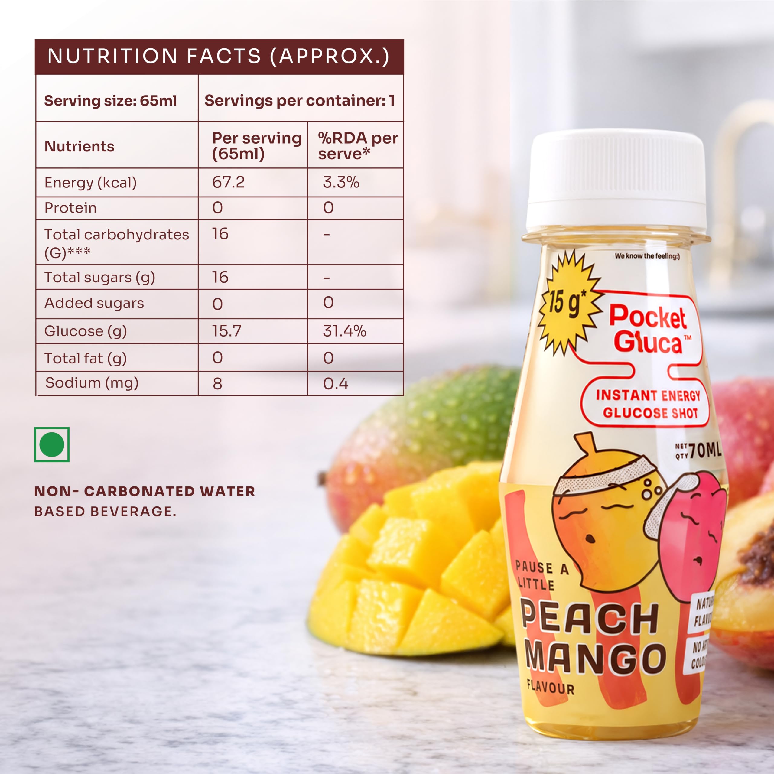 PocketGluca Instant Glucose Shots MULTIFLAVOUR TRIAL PACK | | Helps with low blood sugar | Instant Energy Glucose | Ready to Drink | 70 ml | 15 g glucose each | Natural Flavours | NO ADDED COLOURS | No refrigeration | Peach Mango + Lemon Mint Flavour — Amazon image 2