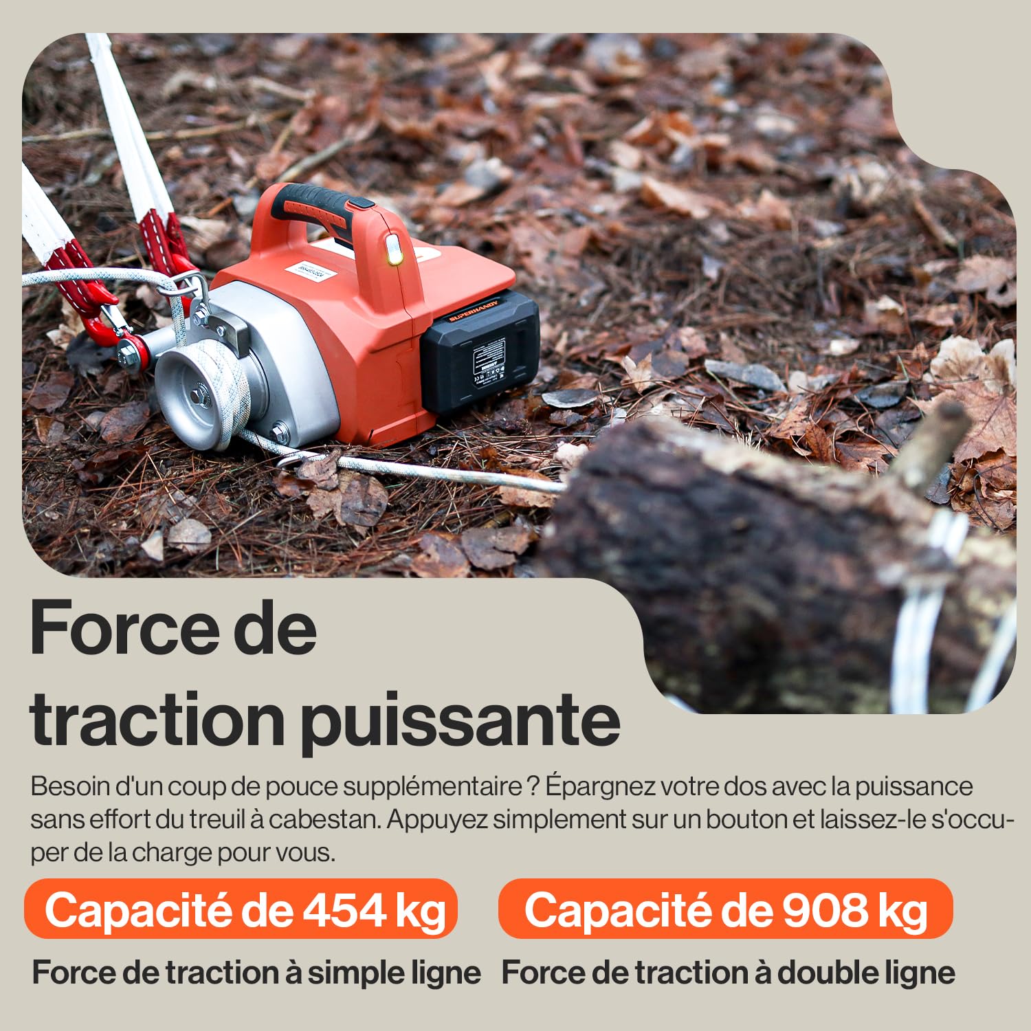 SuperHandy Treuil électrique portable Moteur sans balais alimenté par batterie Li-Ion 454kg-908kg Force de traction maximale pour la sylviculture, la chasse(corde à faible allongement incluse)