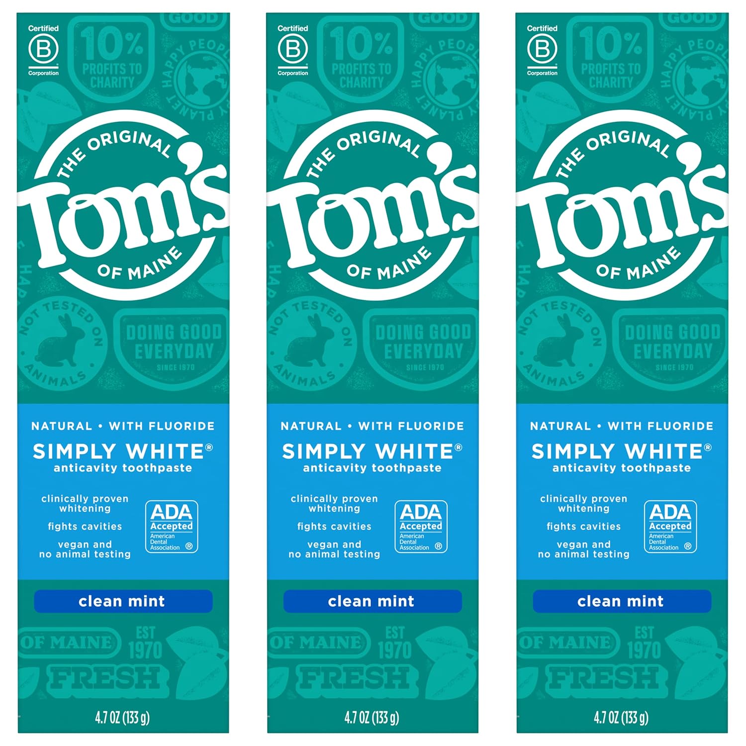 Tom's of Maine Simply White Toothpaste, Clean Mint, 4.7 oz. 3Pack (Packaging May