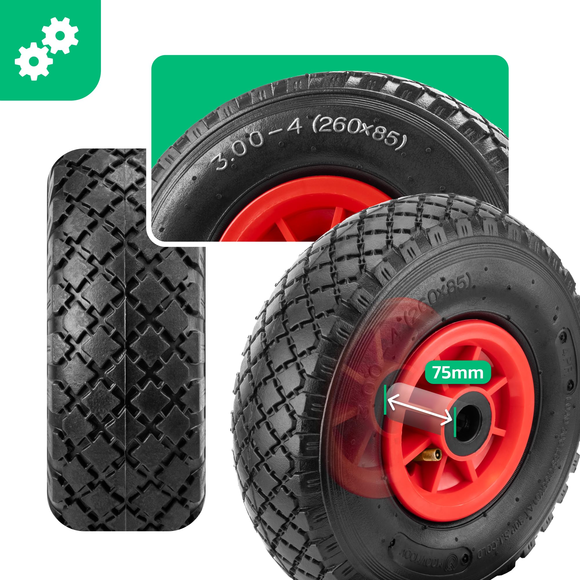 MOOVMOOV Ruote Gonfiabili 3.00-4 (260x85 mm) - per Carrelli, Carriola, Carro, ecc. Ruota Completa: Pneumatico + Camera d'Aria con Valvola Angolata + Cerchione in PVC Rosso con Cuscinetti a Rulli