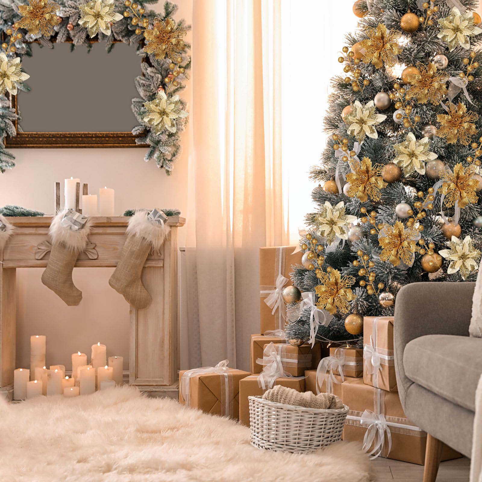 60 piezas de 4 estilos de bayas con purpurina para Navidad, flores artificiales de Pascua para árbol de Navidad, adornos de árbol de Navidad, coronas de Navidad, manualidades, decoración de