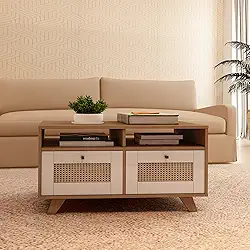 Mesa de Centro com 2 gavetas com corrediças telescopicas e impressão palha 3D TRAMA cor Cinamomo c/Off White - Artely