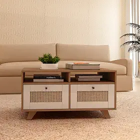 Mesa de Centro com 2 gavetas com corrediças telescopicas e impressão palha 3D TRAMA cor Cinamomo c/Off White - Artely