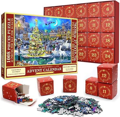 Calendario de Adviento 2024, rompecabezas de 1008 piezas, calendario de cuenta regresiva de Navidad de 24 días para niños y adultos
