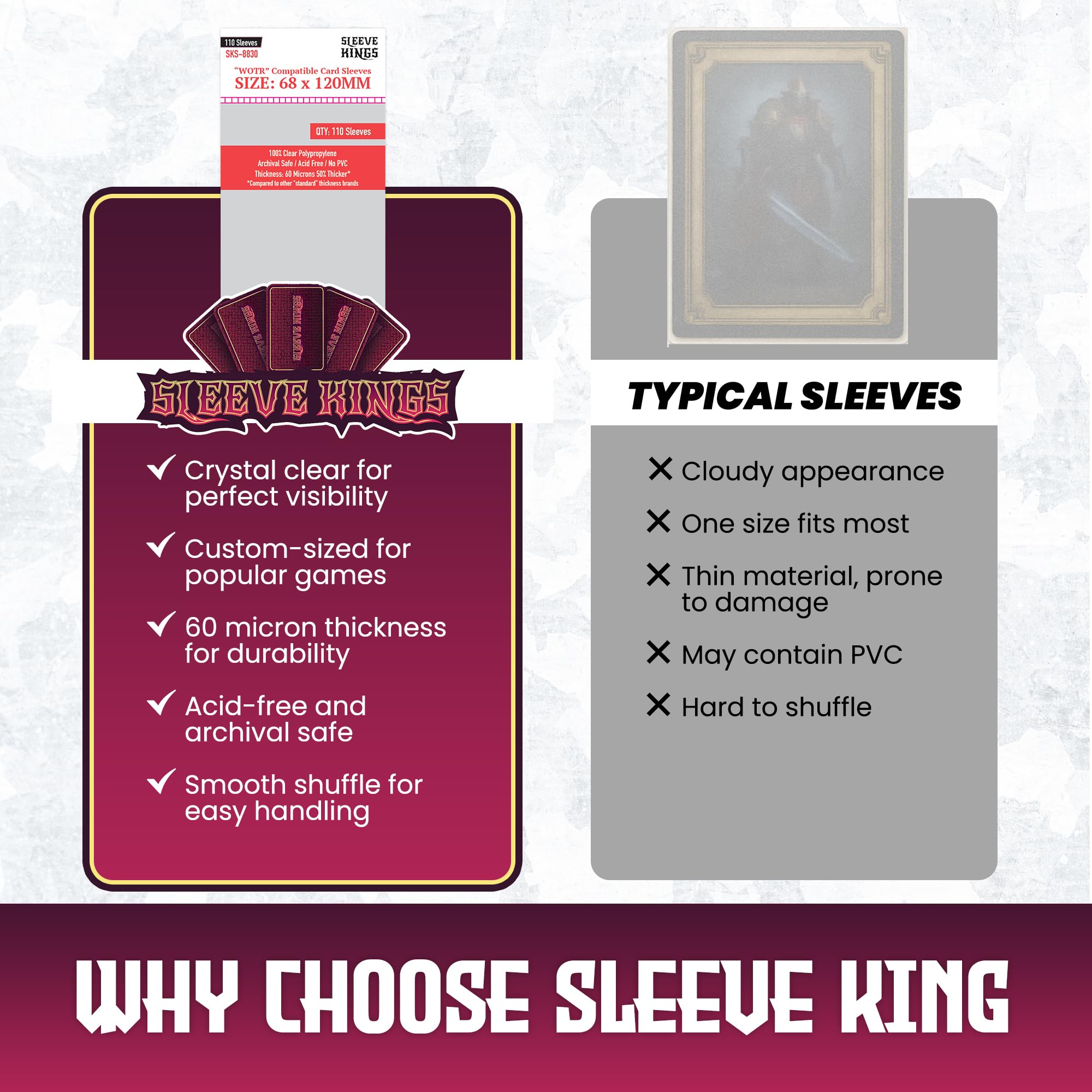 Amazon.com: Sleeve Kings War of The Rings-Compatible Card Sleeves 68x120mm  – 110 Count, 60 Micron Clear Card Protector Sleeves, Acid-Free, Extra Clear 