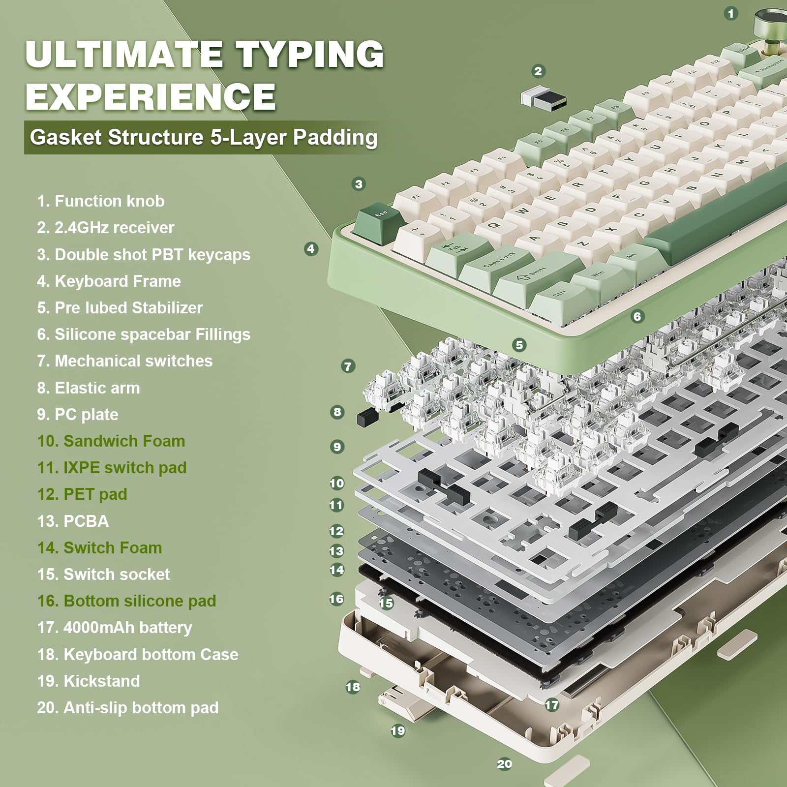 YUNZII B75 PRO Wireless Mechanical Keyboard,75% Gaming Keyboard Gasket Hot Swap Custom Keyboard with Knob,Pre-lubed Switches RGB,Bluetooth/Type-C/2.4G (Matcha Green, Milk Switch) - 5