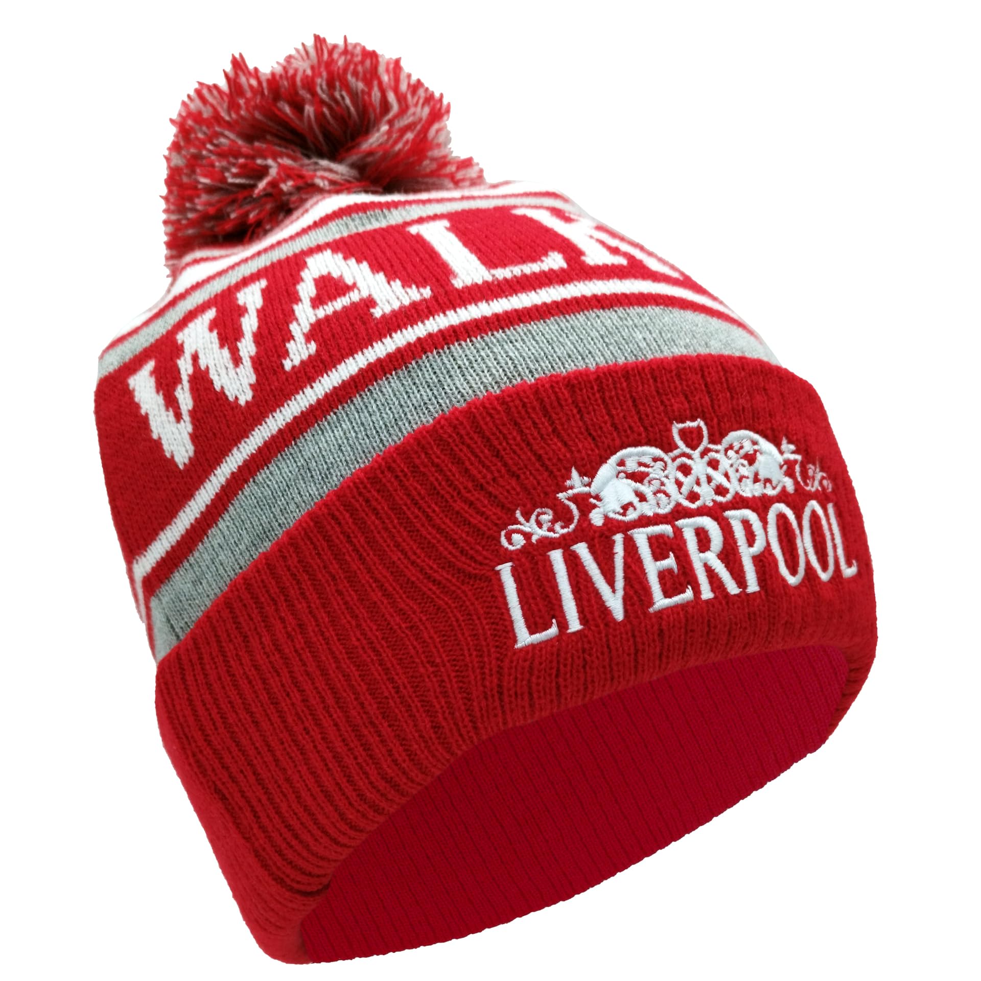 Partisan Unisex Red Liverpool Style Bobble Hat White Grey Embroide | Adult One-Size Fits All
