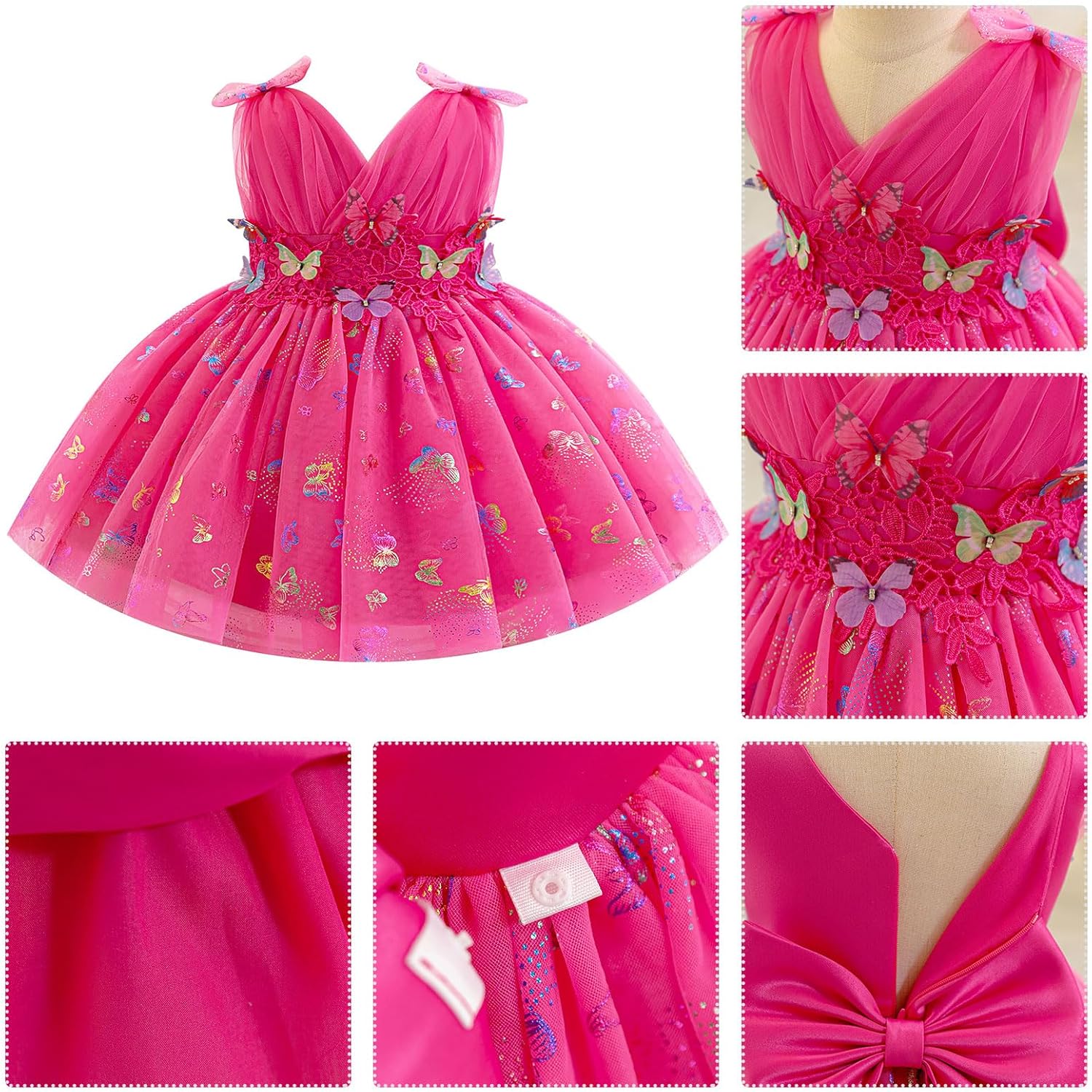 AWIBMK Kids Baby Girls Butterfly Tulle Tutu Dress Sleeveless Pleated V-Neck Bowknot Birthday Wedding Party Dresses - Image 5