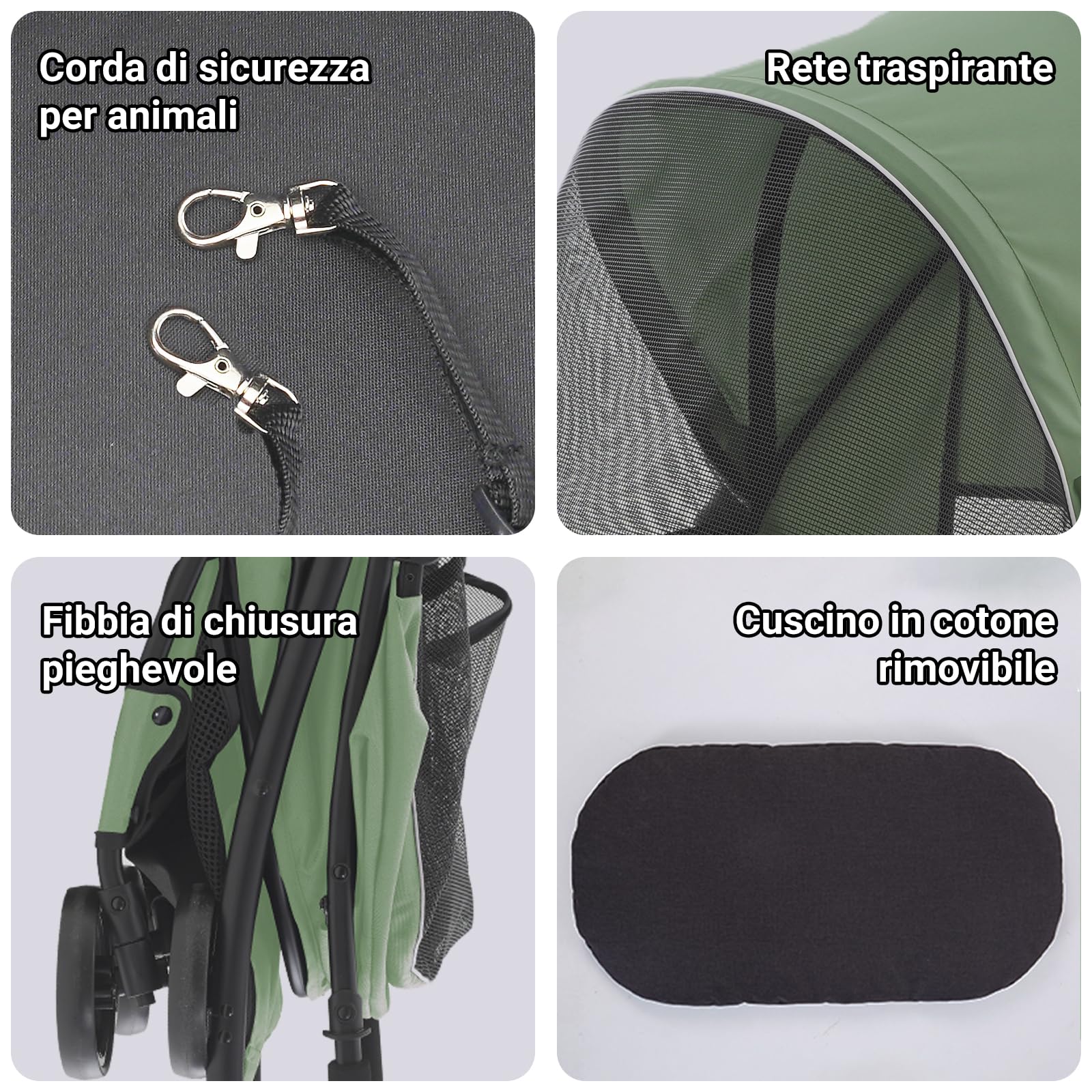 Sunny Sonny Passeggino pieghevole per animali domestici, con copertura per le intemperie, cestino portaoggetti, per cani e gatti S/M fino a 15 kg (verde)