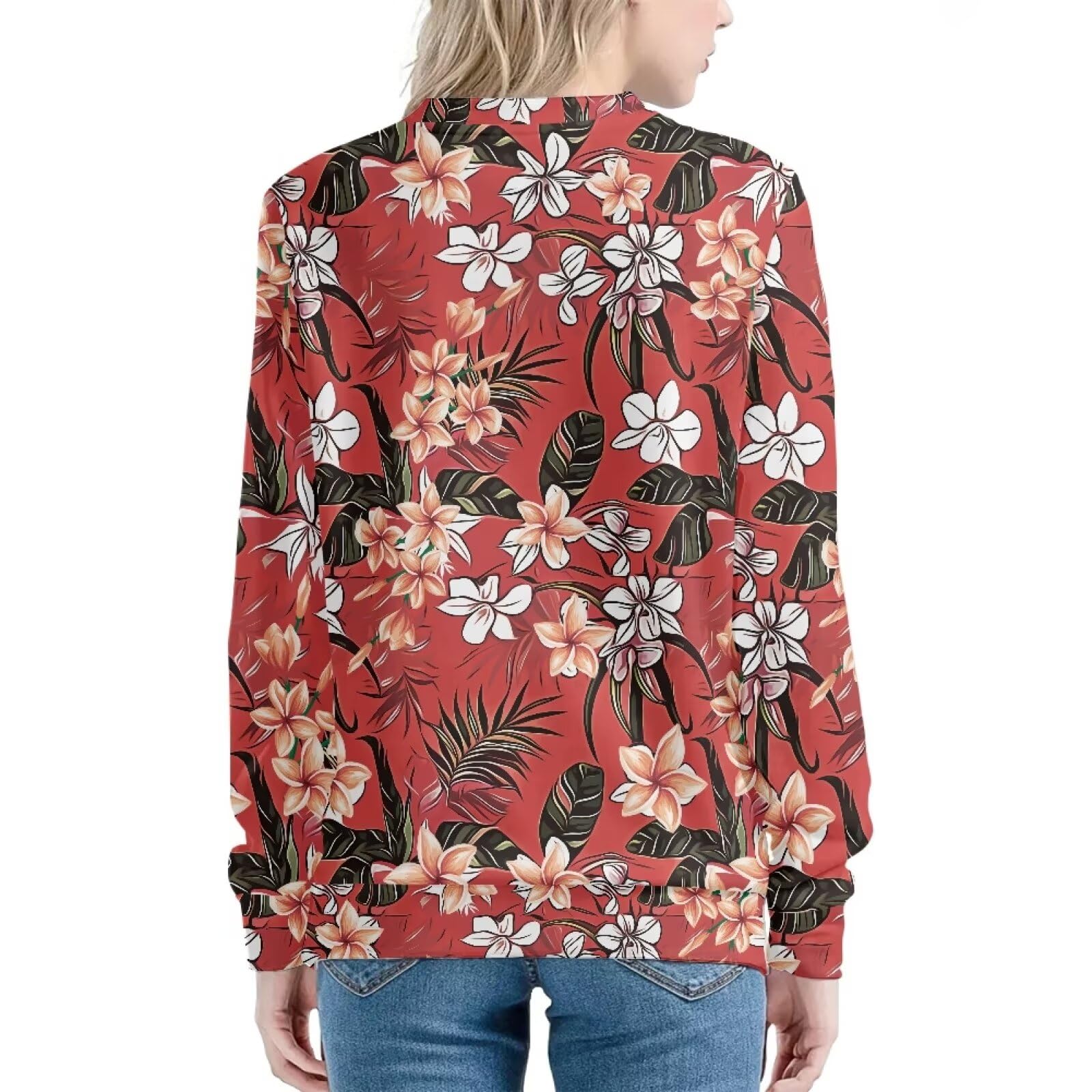 Amzbeauty Chandails hawaïens rouges à col ras du cou pour femme - Tunique à manches longues - Coupe ample, Imprimé tropical, XXL