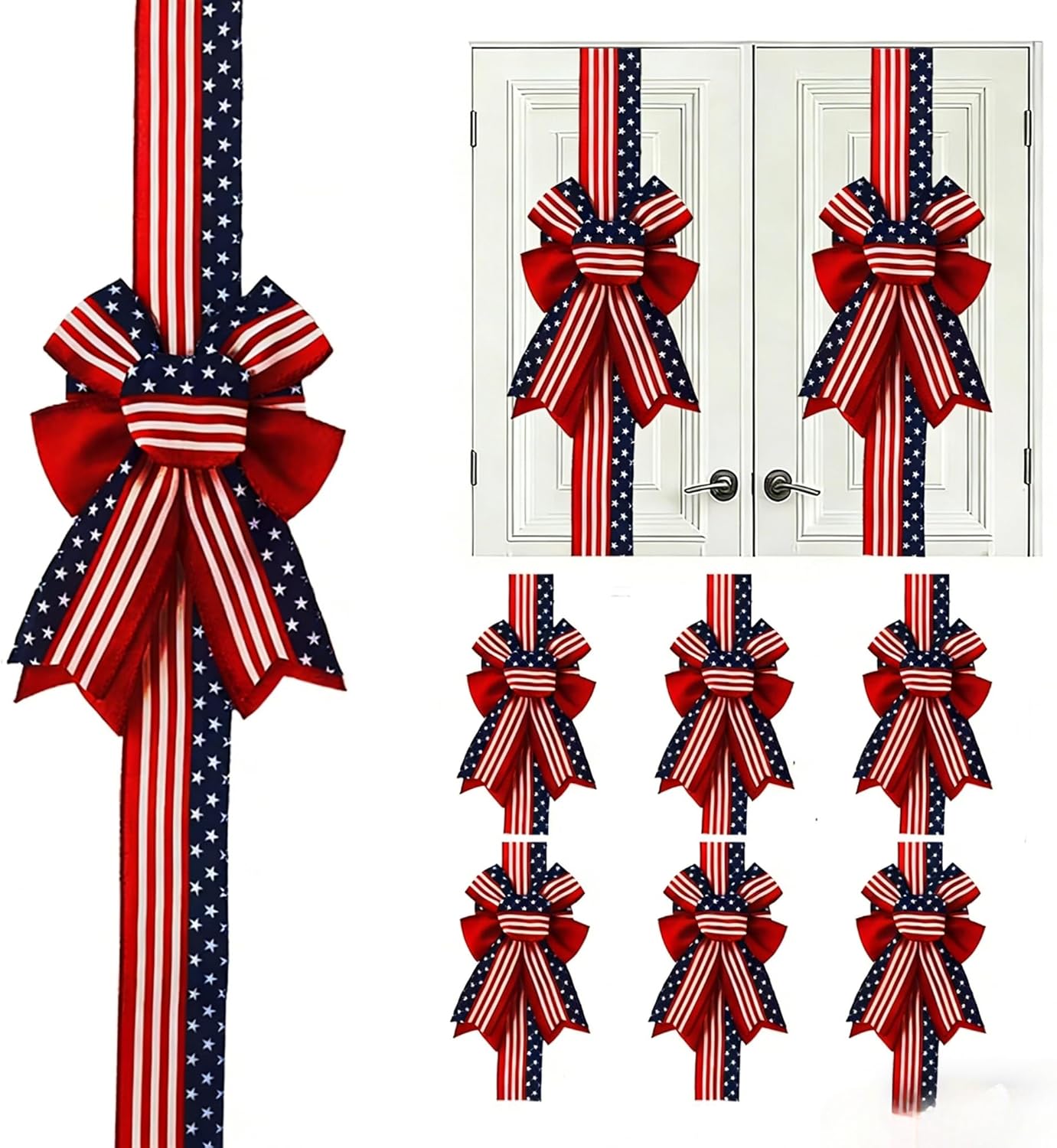 6pcs 4th of July Wreath Bow Patriotic Red White Blue Large Ribbon Bow for Cabinet Door Home Kitchen Independence Day Decor (Multicolor, 6Pcs)