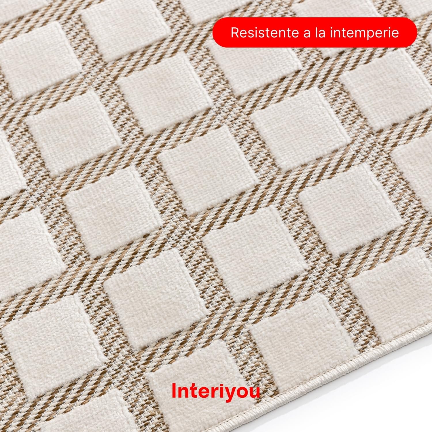 Interiyou Alfombra Exterior Kano - 120x170 cm Crema/Beige - Patrón geométrico - Resistente a los Rayos UV para Exteriores: balcón, terraza, jardín o Cocina - Tejido Plano