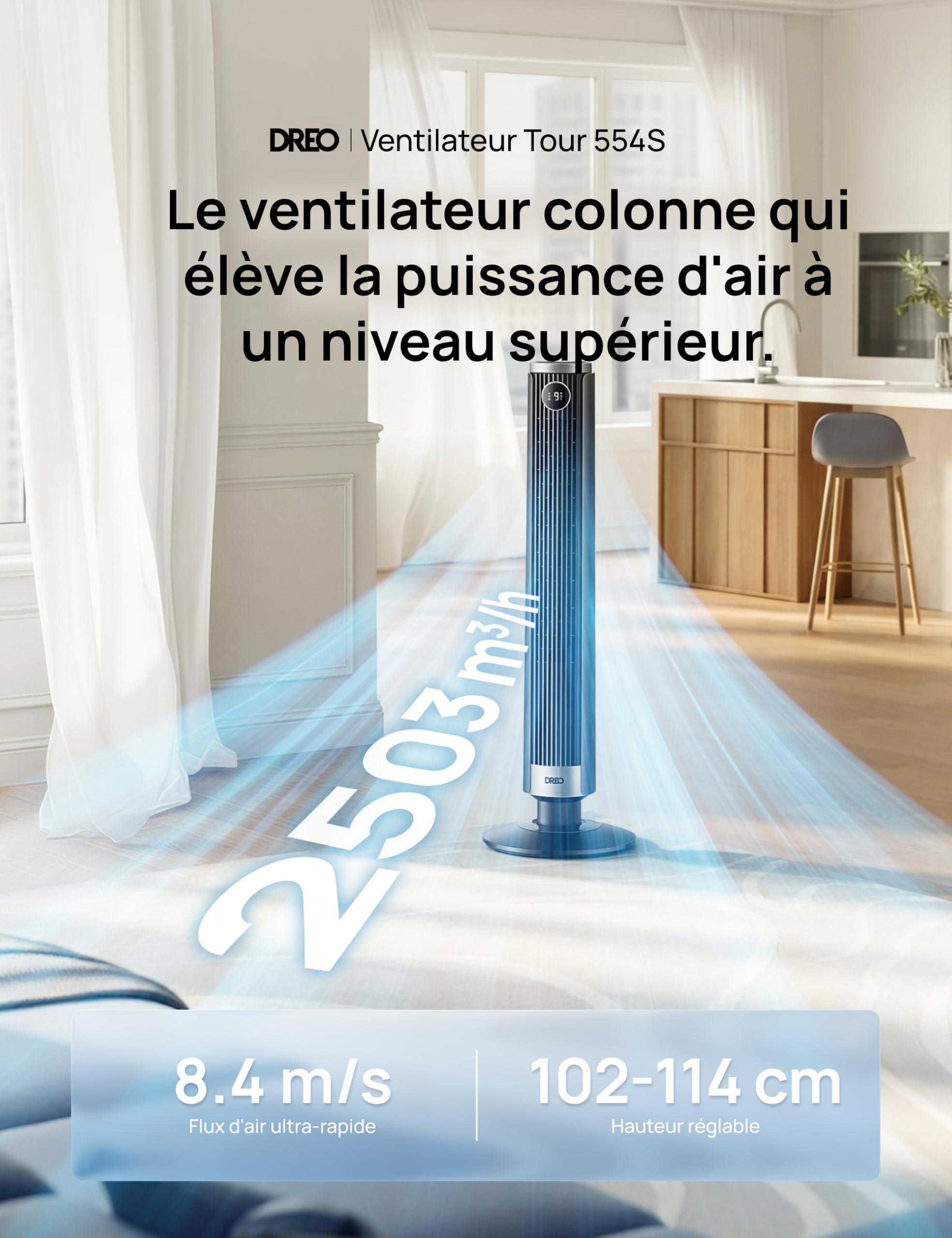 DREO Ventilateur colonne intelligent 554S, ventilateur sur pied réglable 102–114 cm, 8.4 m/s, oscillation 90°, silencieux 20 dB, 9 vitesses, 4 modes, minuterie 12 h, compatible Google et Alexa