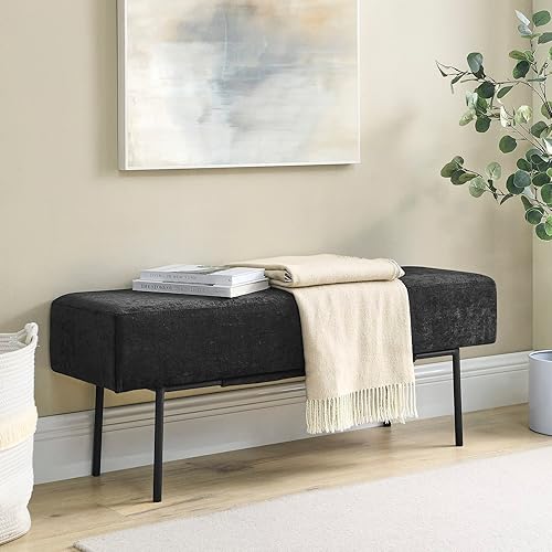 Polibi Moderno banco lateral de cama, banco tapizado de felpilla con patas de metal para dormitorio, entrada, sala de estar, color negro