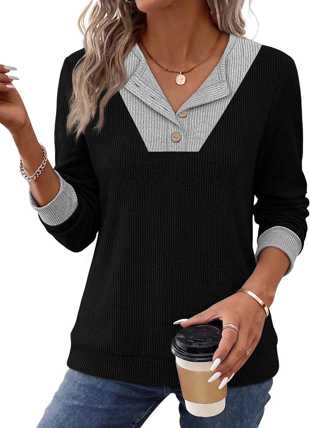 Womens Sweaters Henley Teacher Shirts Business Casual Outfits Fall Tops