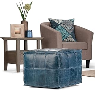 MISC Contemporary Square Pouf in Teal Leather Blue Transitional Solid Handmade