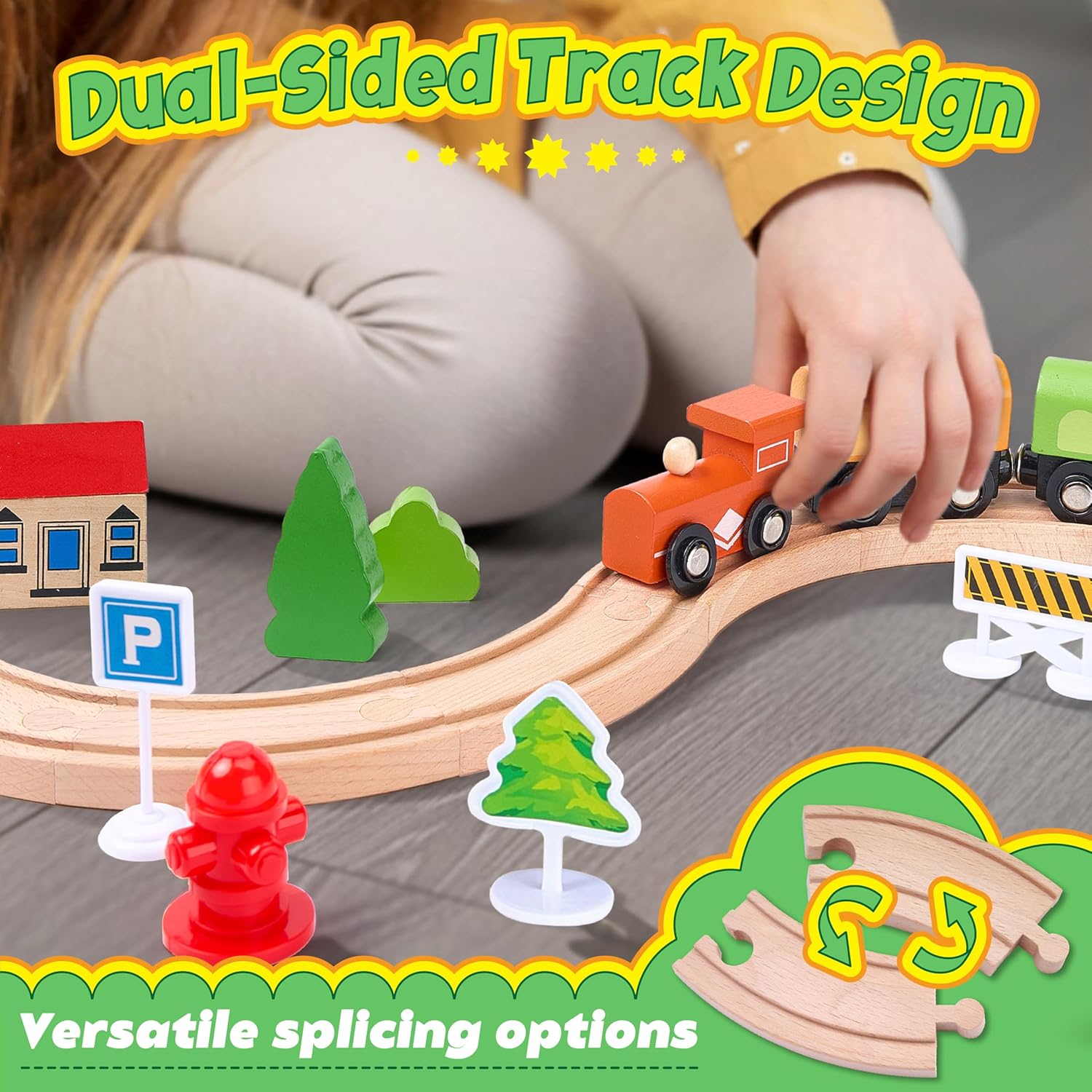 Wooden Train Set 61-Piece for Toddlers Kids Ages 3-8, Double-Sided Expandable Train Track with Puzzles & Magnetic Fishing Toys Compatible with Major Brands, STEM Railway Playset Gifts for Boys Girls - Image 5