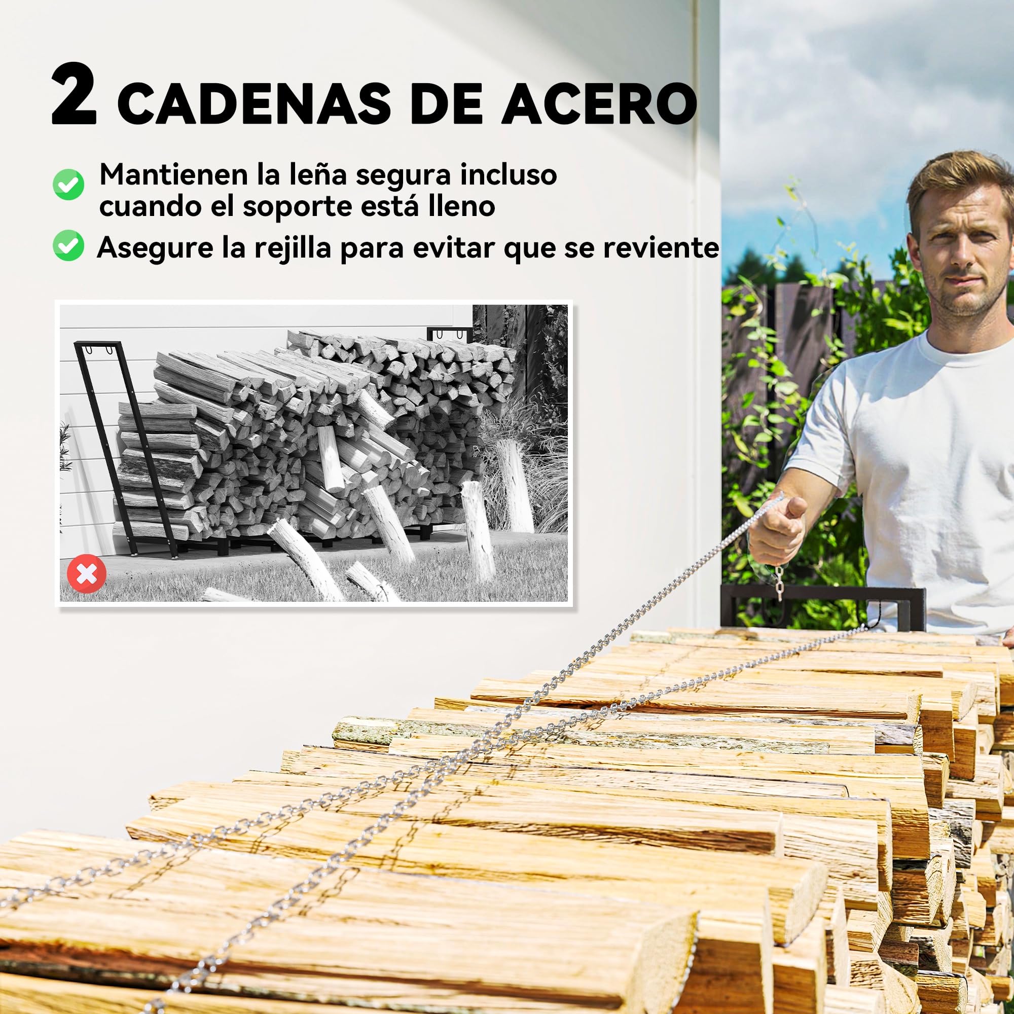 Outsunny Estante de Leña Metálico, 235x31x116 cm, Leñero Exterior con Cubierta Impermeable 600D Oxford, Marco de Acero y Cadenas de Acero, Soporte para Leña de Chimenea, Almacenaje para Madera, Negro