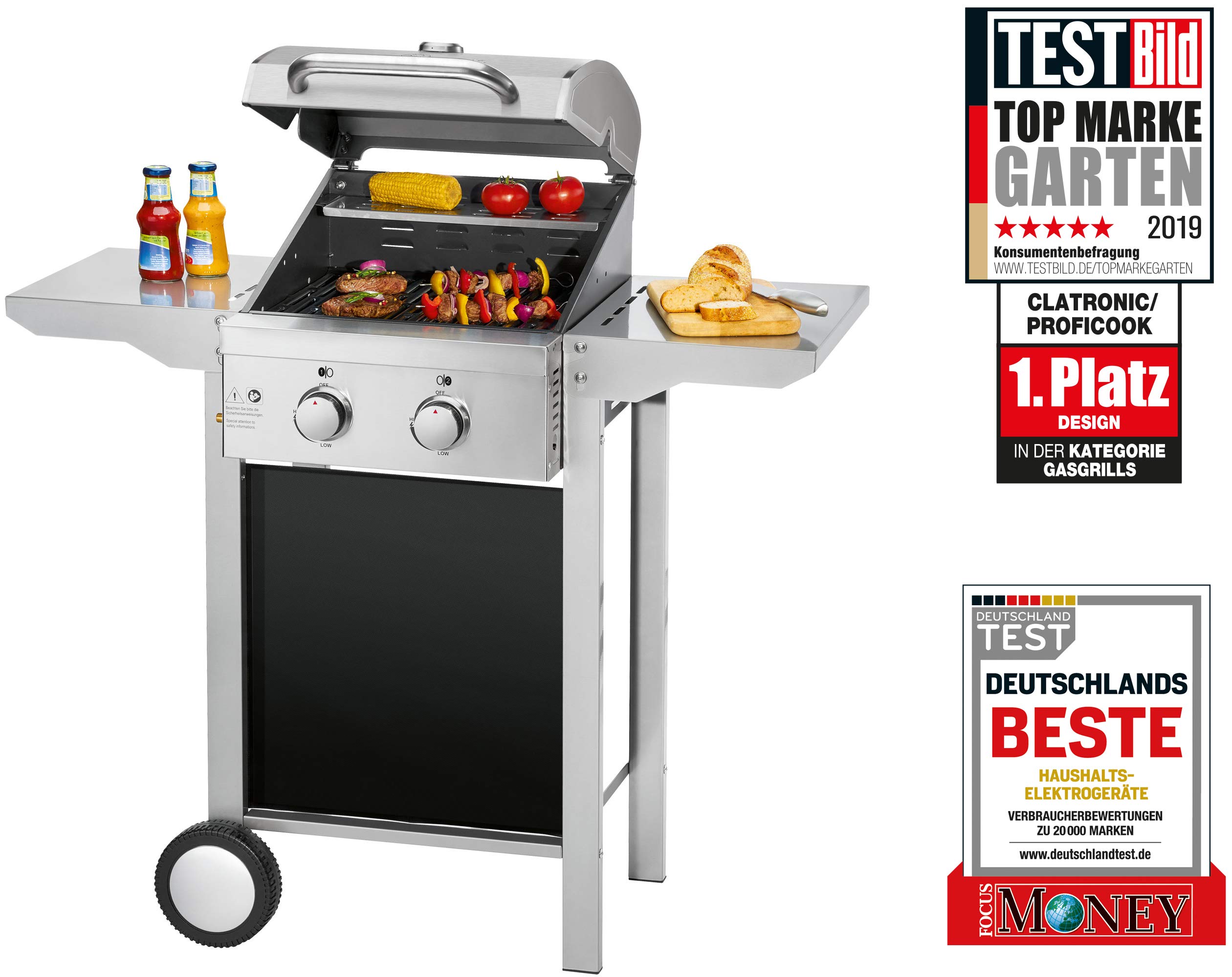 ProfiCook PC-GG 1128 Gasgrill 2 Edelstahlbrenner, 2 Heizzonen für individuelle Temperatursteuerung, stufenlose Temperatureinstellung, Edelstahlfront und -haube, klappbare Seitentische