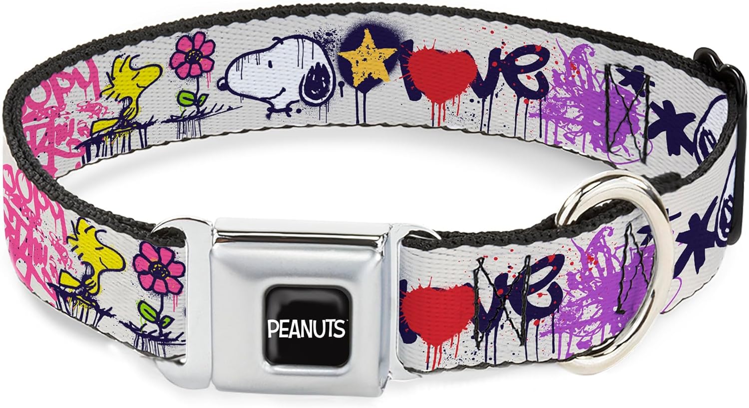 Peanuts Worldwide LLC Pet Collar, Dog Collar Metal Seatbelt Buckle, Peanuts Snoopy and Woodstock Graffiti Collage Multi Color, 15 to 24 Inches 1.0 Inch Wide