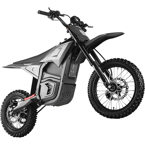 EM5 Electric Dirt Bike w/Light & Display, Off-Road Motorcycle 3400W 3 Speed Modes (Max 40MPH) 48V Range 53MI,14"/12" Tires,Dual Suspension & Hydraulic Brakes Fit Age 13+ Carbon Fiber Style