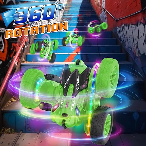 Miniatura 3 de Auto a control remoto con tira de luz lateral y faros, doble cara giratoria de 360°, acrobacias todo terreno de 2.4 Ghz para edades de 4 a 6 años