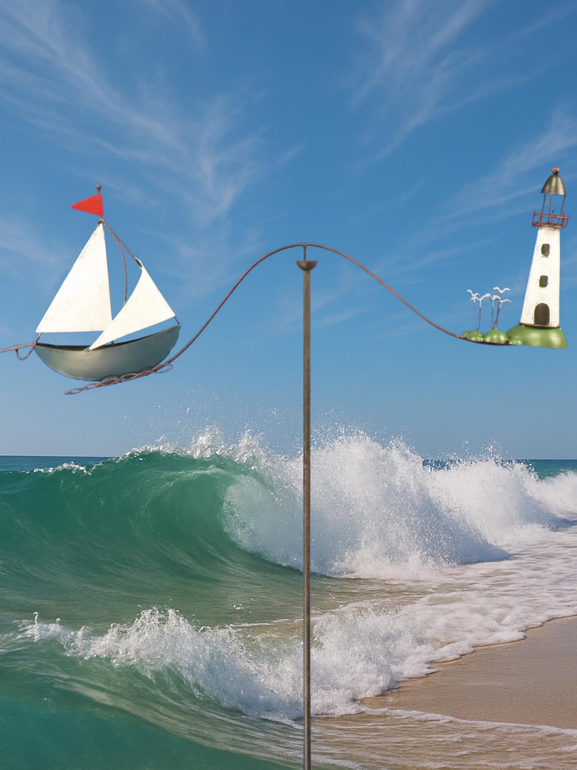 Pommerntraum ®| Windspiel Gartendeko Leuchtturm Möwen Segelboot Maritim | Gartenpendel Gartenstecker Nautik Segelschiff Segelyacht Vogel Vögel Küstenfans Segler Skipper SEGELBOOT + LEUCHTTURM + MÖWEN