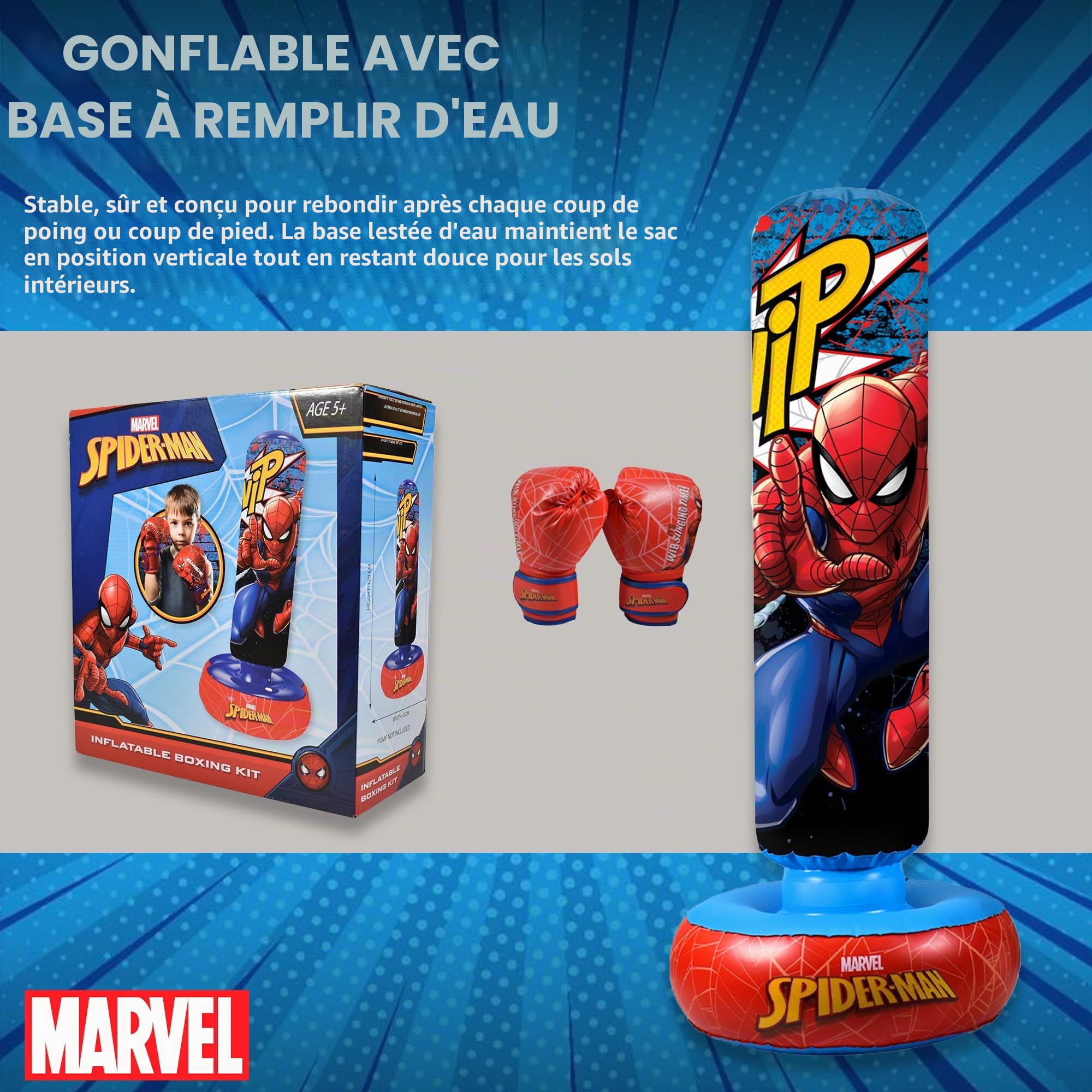 Hy-Pro Sac de Boxe Gonflable Spiderman sous Licence Officielle avec Gants de Boxe – Sac de Boxe sur Pied pour Enfants, Jouets et Cadeaux, 5 Ans et Plus