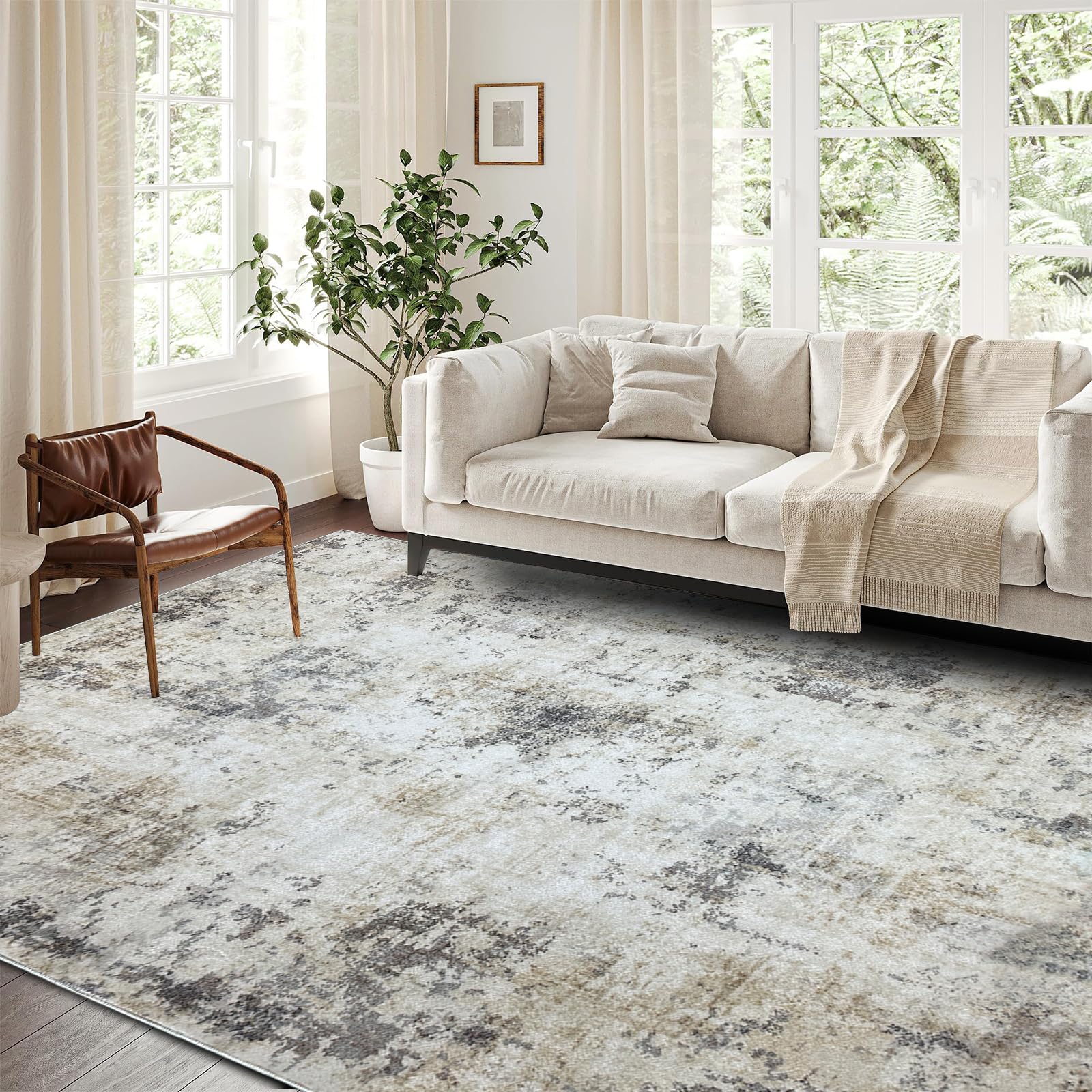 Tapis Salon Poil Ras Moderne Motif Geometrique,Tapis Chambre Moelleux Lavable,Paillasson Exterieur Entree Dessous antidérapant pour Cuisine Bain(Brun/Gris/Multicolore,200 x 250 cm)