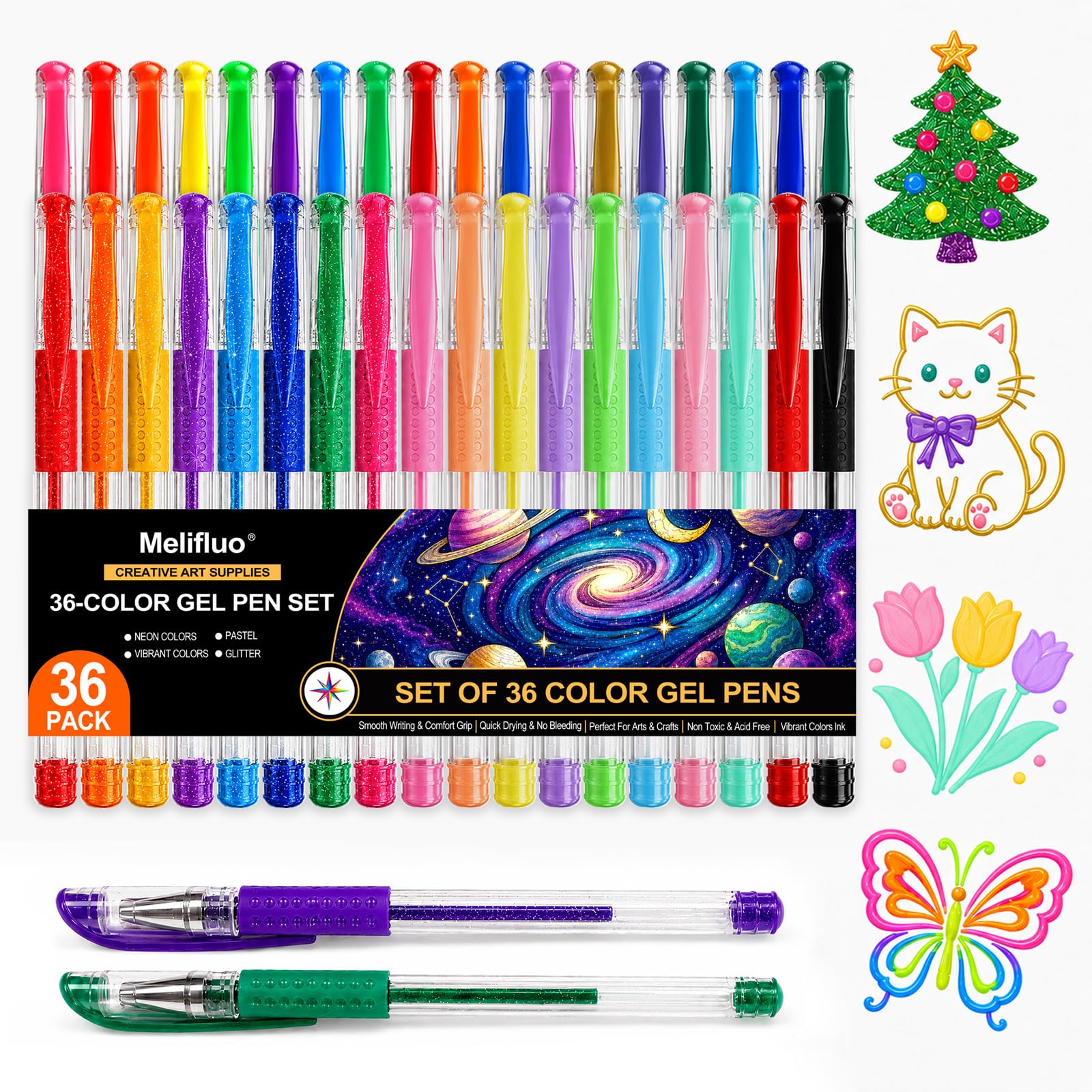 Melifluo 36 Glitter Gel Pens for Colouring, Writing, Adult Colouring Books