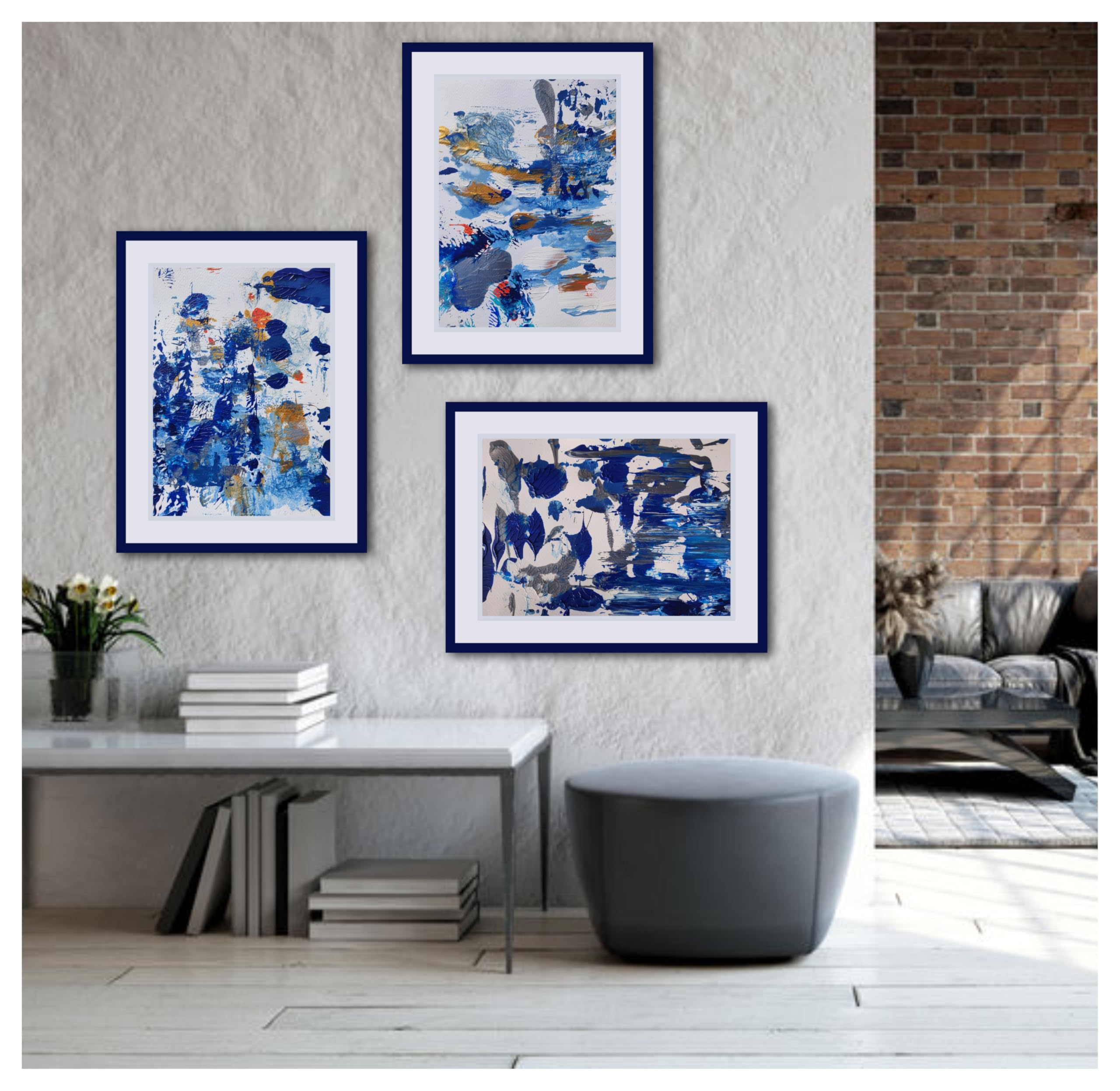 Abstracto azul plata oro naranja composición de pared 130 x 100 cm tres (3) pintados a mano con marcos, pintura de acción cuadros decoración arte casa (marco azul ultramar/paso partot hielo)