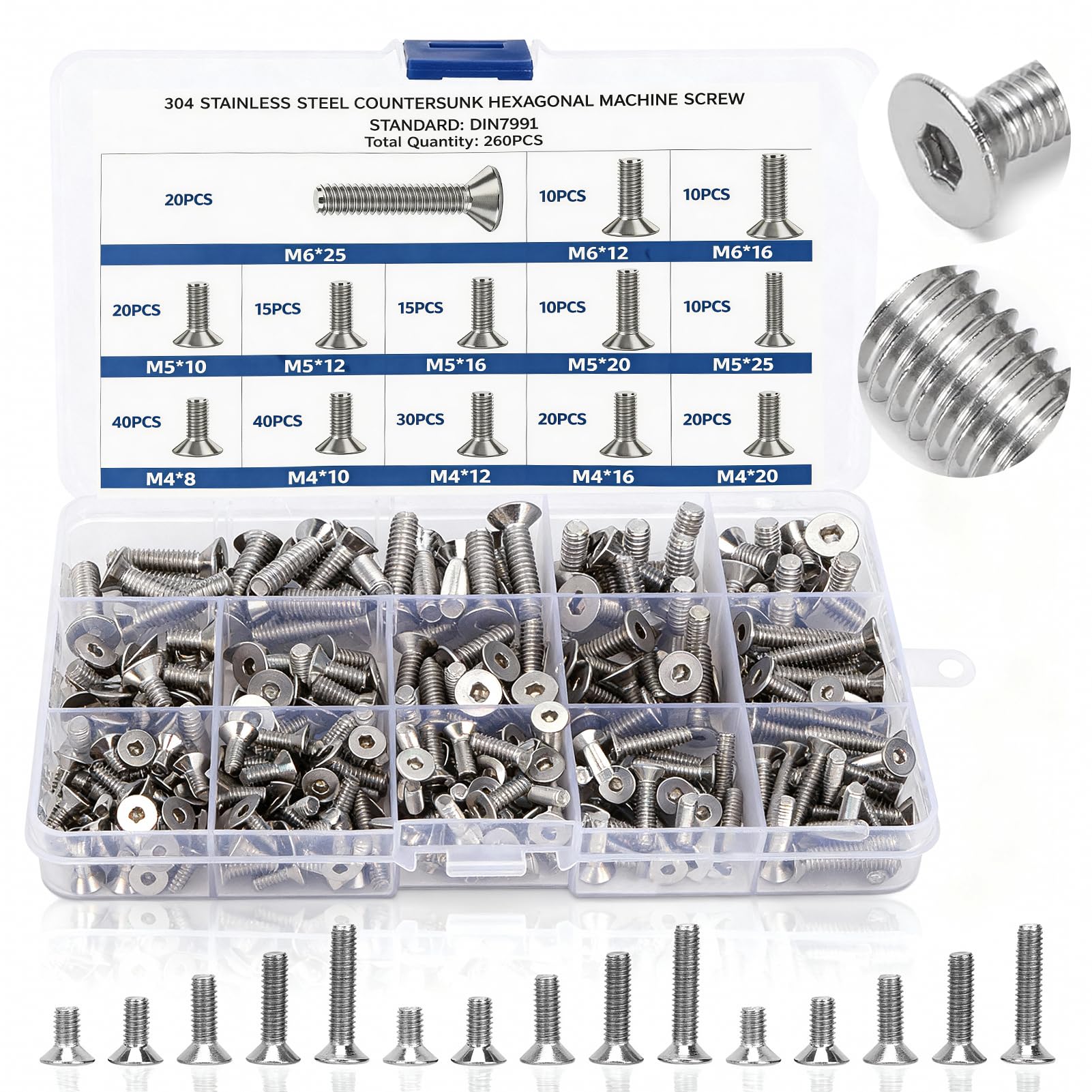 260 pièces de vis inox boulon en acier inoxydable M4/M5/M6, vis à tête fraisée, set de vis plates en acier inoxydable 304 pour l'industrie électronique, machines métriques, imprimantes 3D