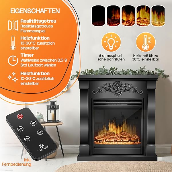 KESSER® Cheminée électrique Foyer électrique - Cheminée électrique avec Effet de Flammes LED 3D, avec Chauffage, Fonction Chauffage d'une Puissance de 1800W, Manoir/Noir - 2