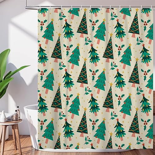 Cortina de ducha con árbol de Navidad, diseño retro de árbol de Navidad, diseño de estrella de árbol de Navidad, cortinas de baño de tela