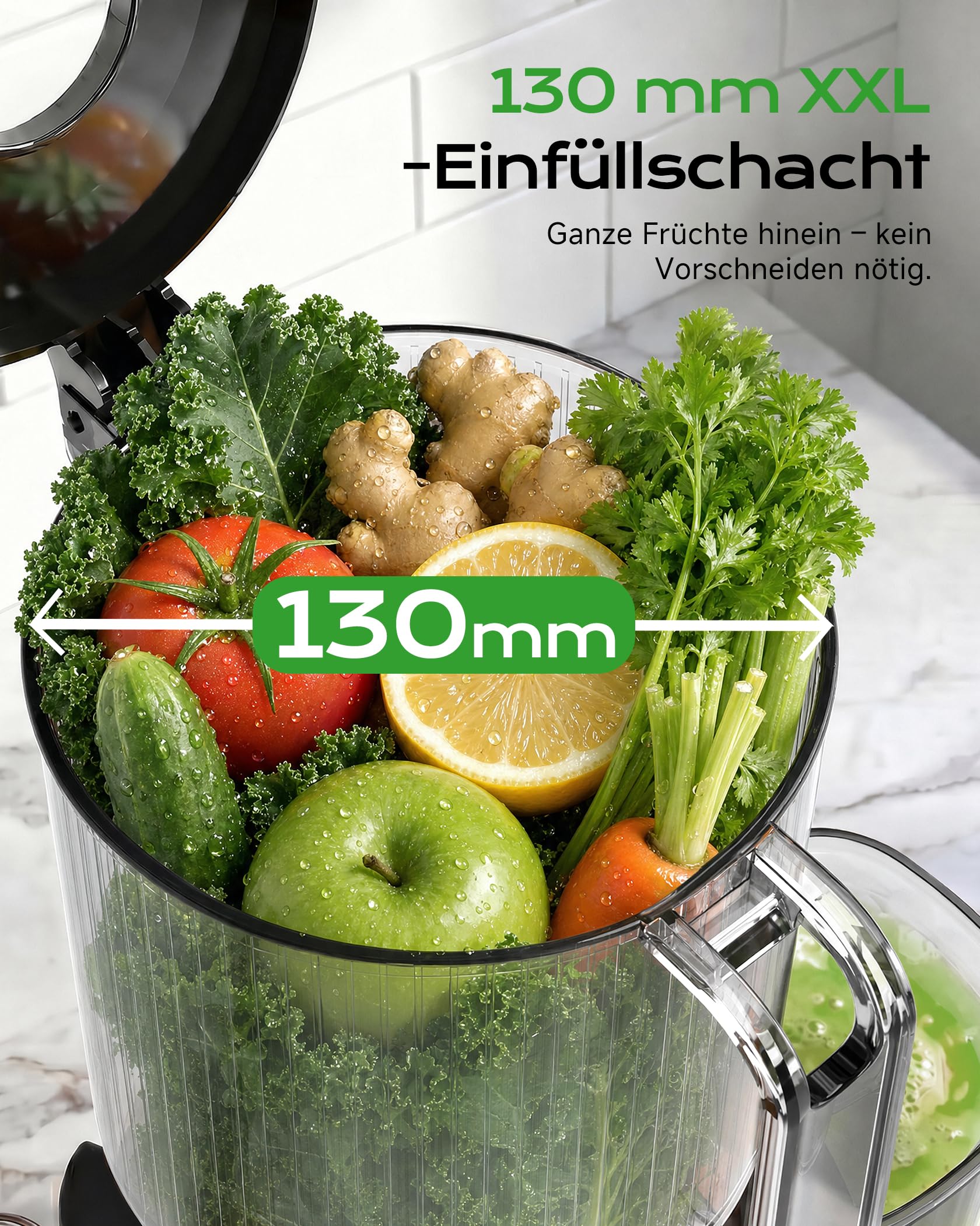 Entsafter Gemüse und Obst Testsieger, Slow Juicer mit 130 MM XL-Einfüllschacht, 600 mL Saftbehälter, Elektrische Juicer Machine für Familien, Gesundheitsbewusste