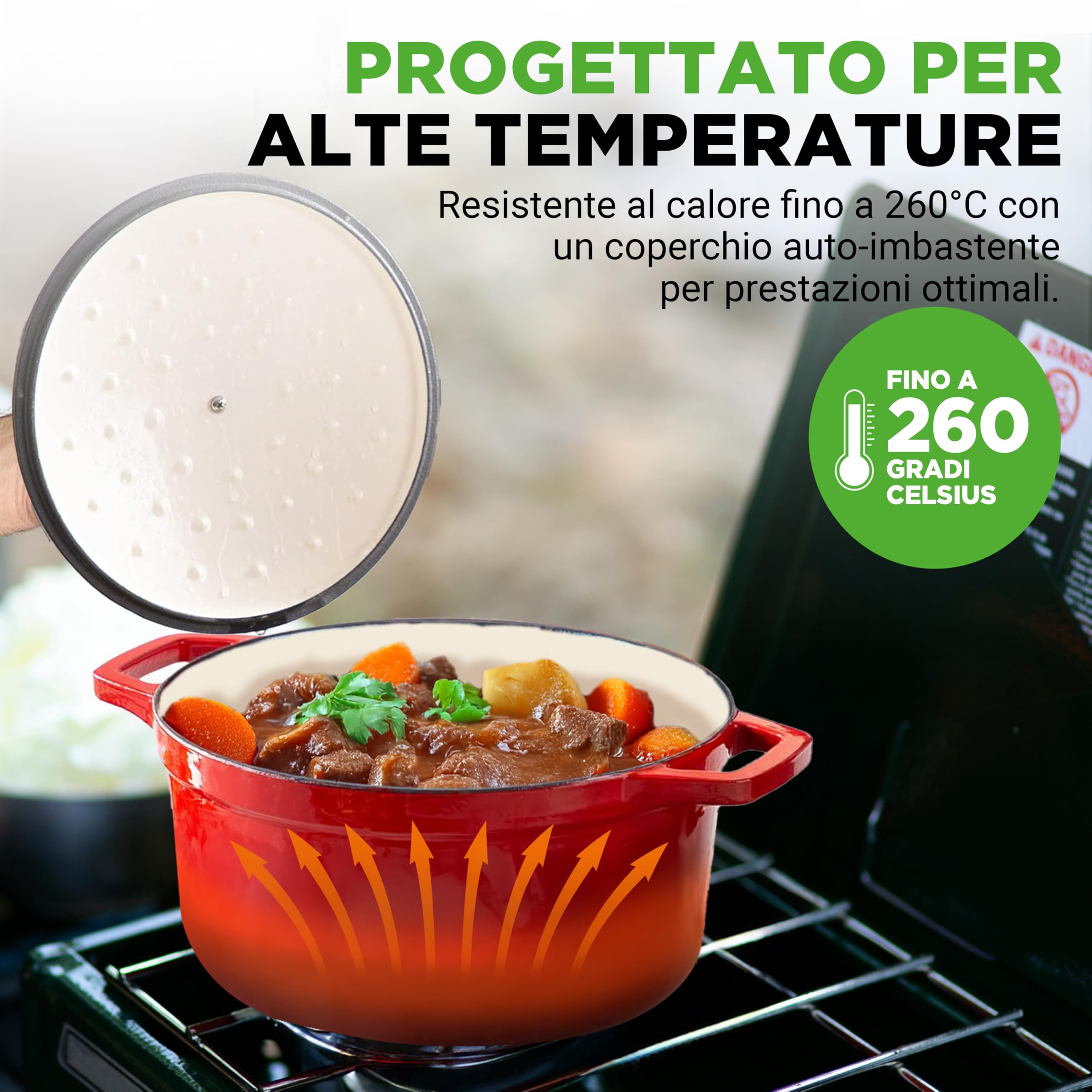 NutriChef Casseruola in Ghisa da 5 Litri, Forno Olandese Antiaderente in Rivestimento Smaltato con Coperchio, Rotonda Cocotte per Cuocere con Ricette, Adatta a Piani di Cottura e Forni a Induzione