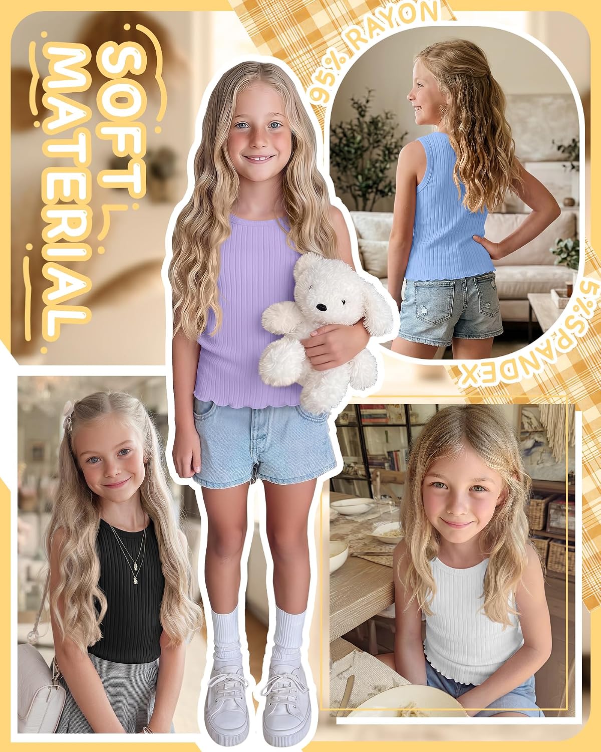 4 Pack Girls Ribbed Tank Tops Crew Neck Sleeveless Shirts Summer Lettuce Trim Tanks Causal Basic Undershirts 5-14Y