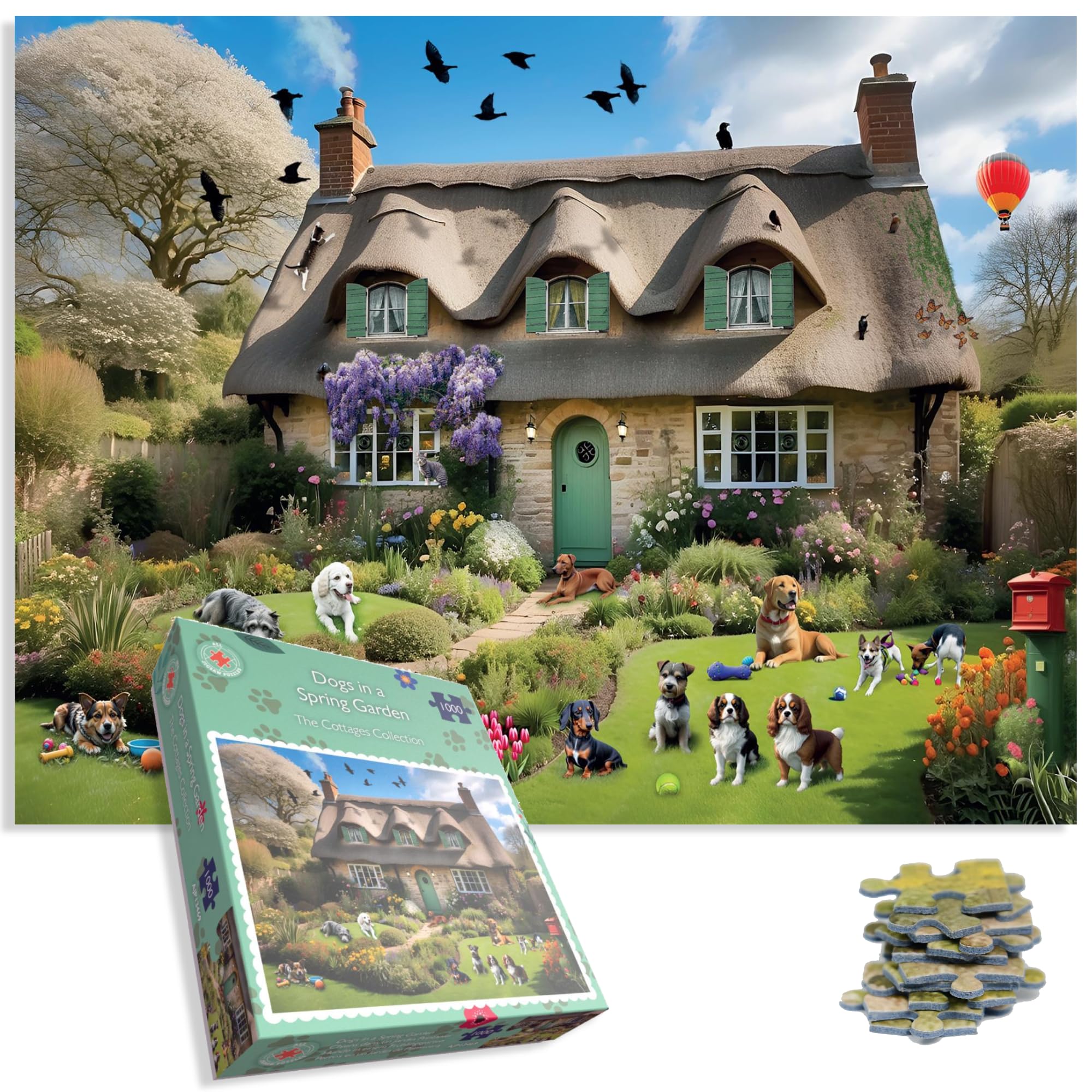 Spring Garden Dogs Jigsaw Puzzle 1000 Piece, Charming Country Cottage with Flowers & Dogs