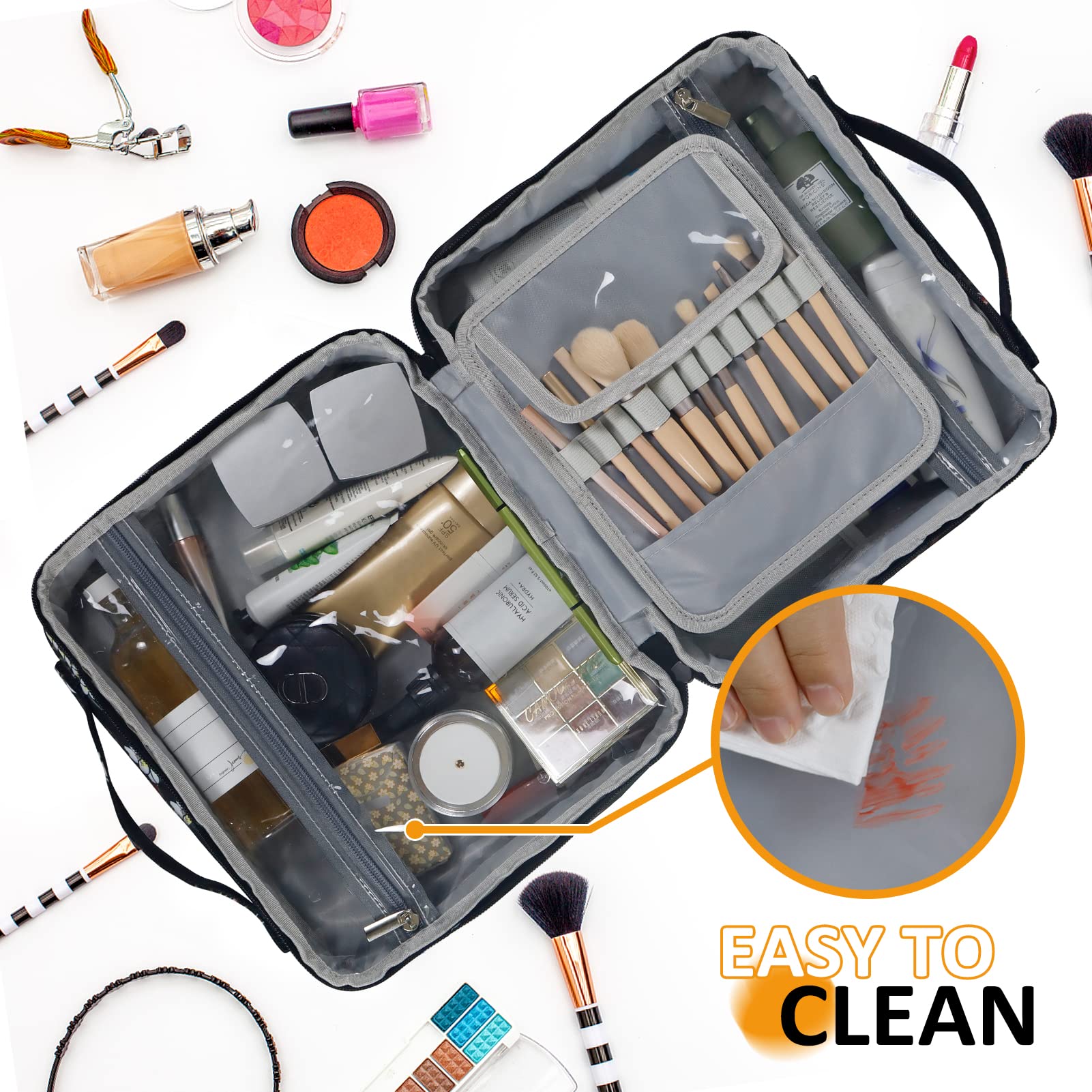Gloppie Neceser de maquillaje para mujer, XXL, para colgar, organizador de viaje, Negro - Patrón floral blanco, XXL, Maletín de cosméticos