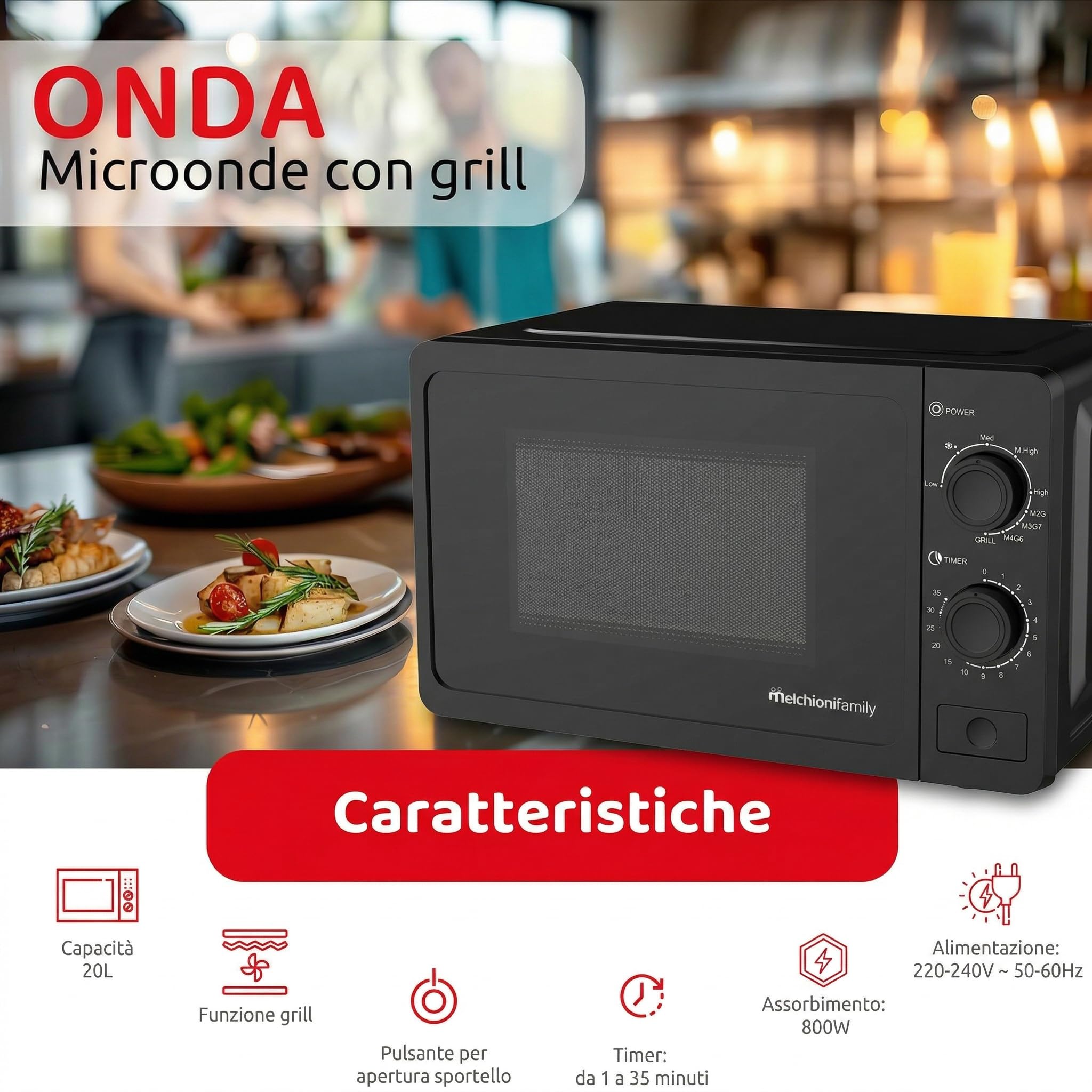 Melchioni Family Mikrofalówka 20 l z grillem - Fala - 800 W - Wymiary 46 x 32 x 26 cm - Timer 1–35 minut, szklany talerz i otwór z przyciskiem - czarna