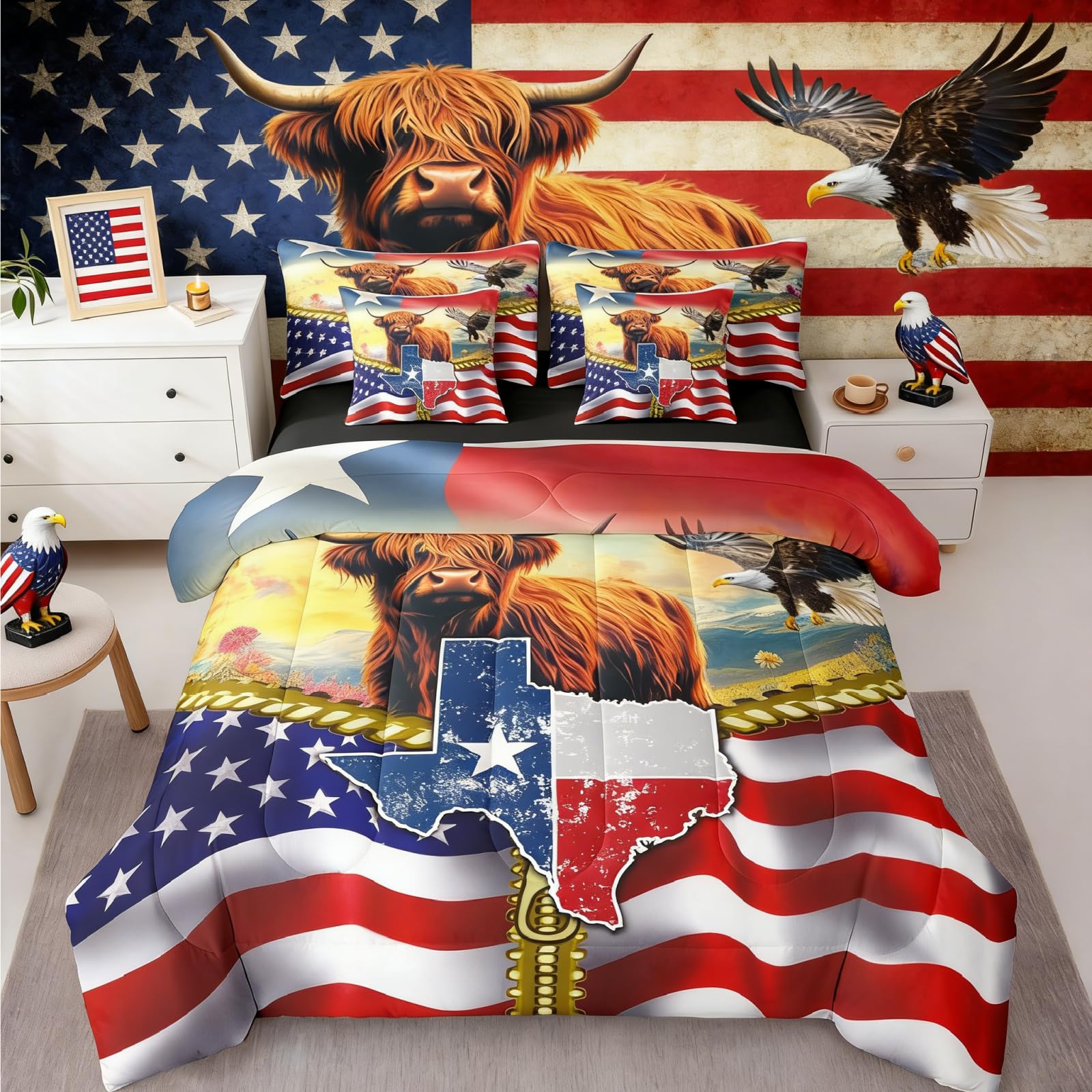 Highland Cow Queen Comforter Set with Sheets American Flag Western 7-Piece Bedding Set Cowboys Gifts for Men Texas Star Bed in a Bag,Longhorn Bull Cattle Eagle Bed Sets,Red and Blue Farmhouse Decor