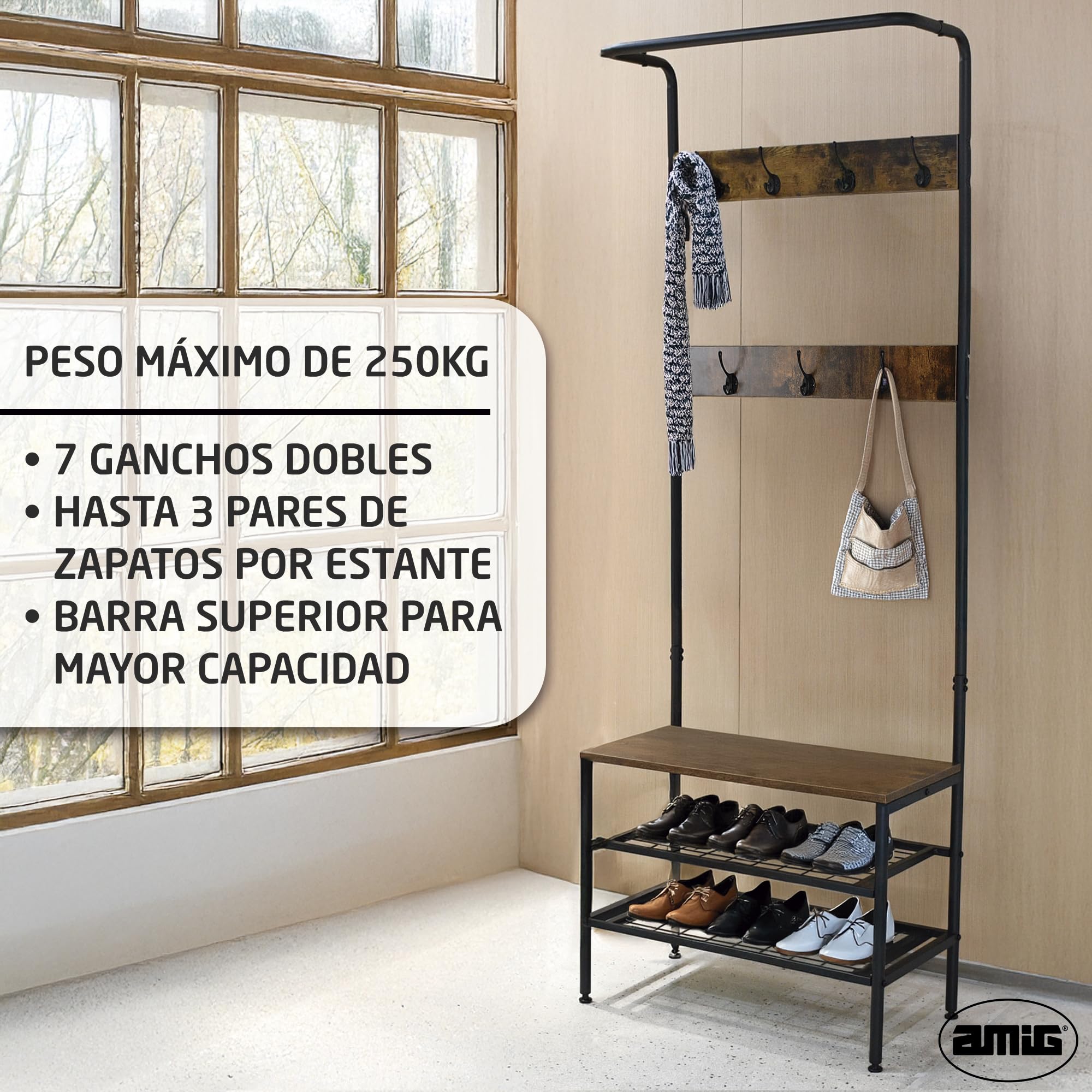 Amig - Perchero de pie con Zapatero Lukïen - Mueble recibidor con banco de Estilo Industrial - 183x66x32,5 cm - Metal y Madera - Color negro y marrón - Burro para pasillo o entrada de Estilo rústico